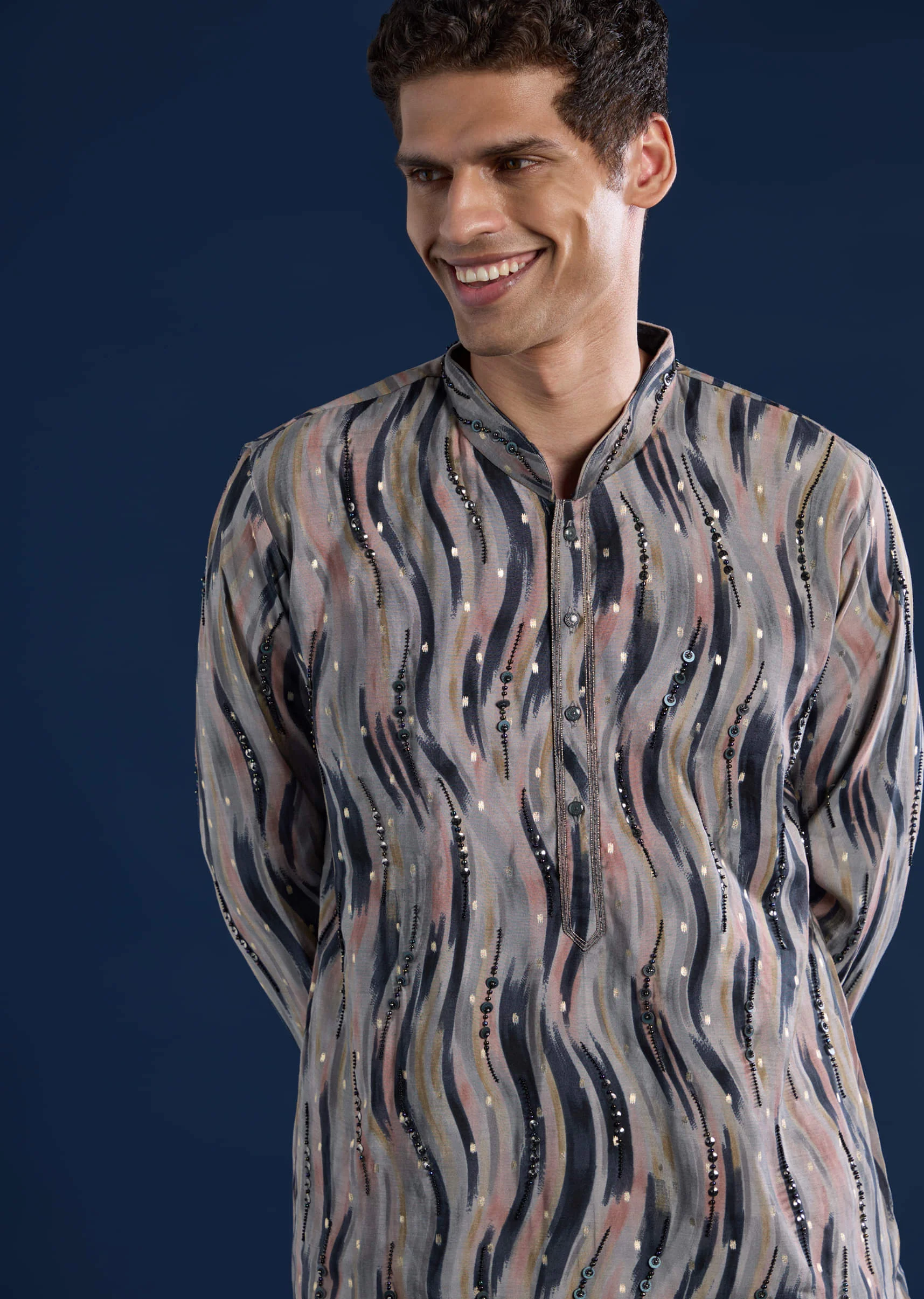 Grey Moti Embroidered Mens Kurta and Pant Set - Image 2