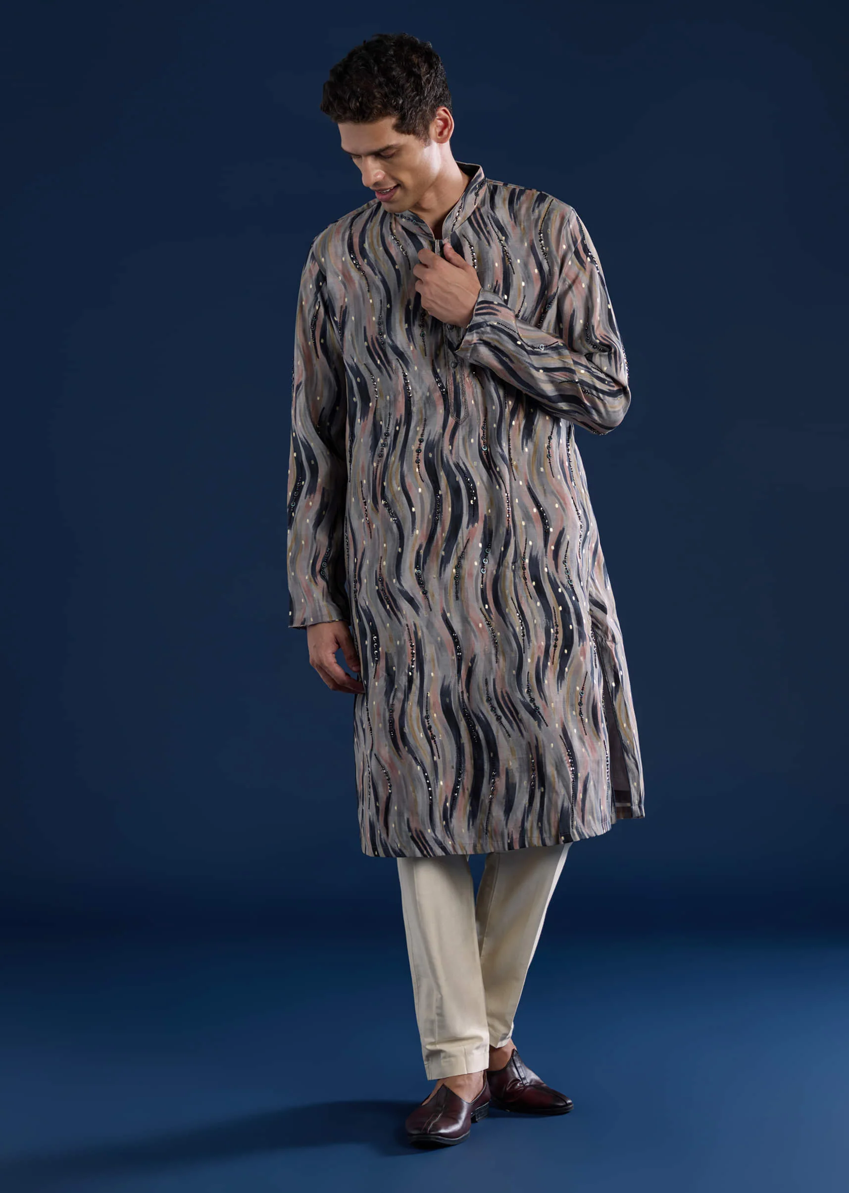Grey Moti Embroidered Mens Kurta and Pant Set - Image 3