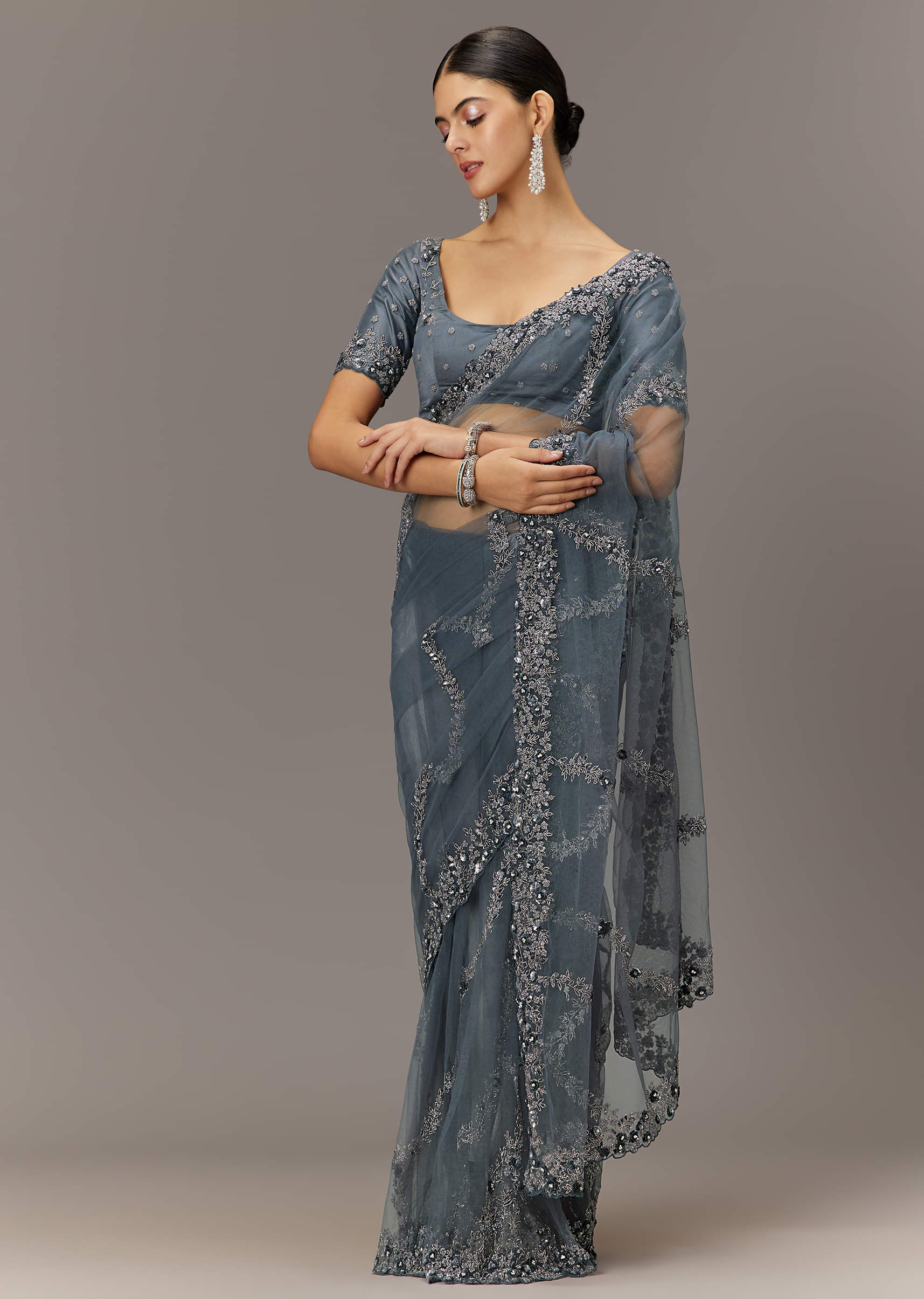 Grey Net Saree With All Over Heavy Embroidery And Net Blouse - Image 3