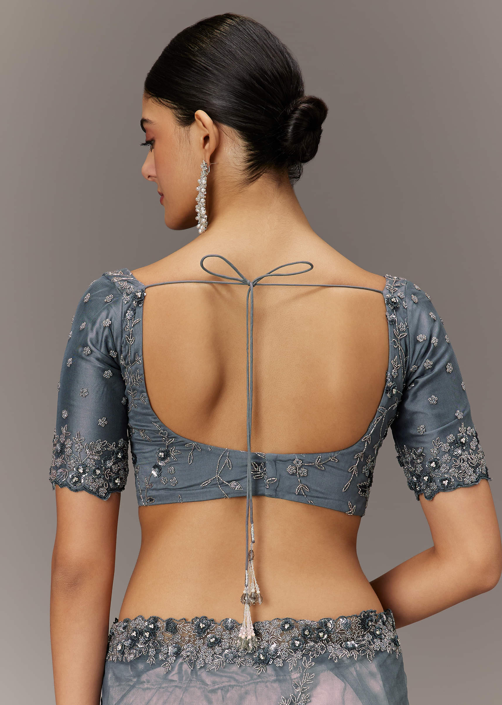 Grey Net Saree With All Over Heavy Embroidery And Net Blouse - Image 8