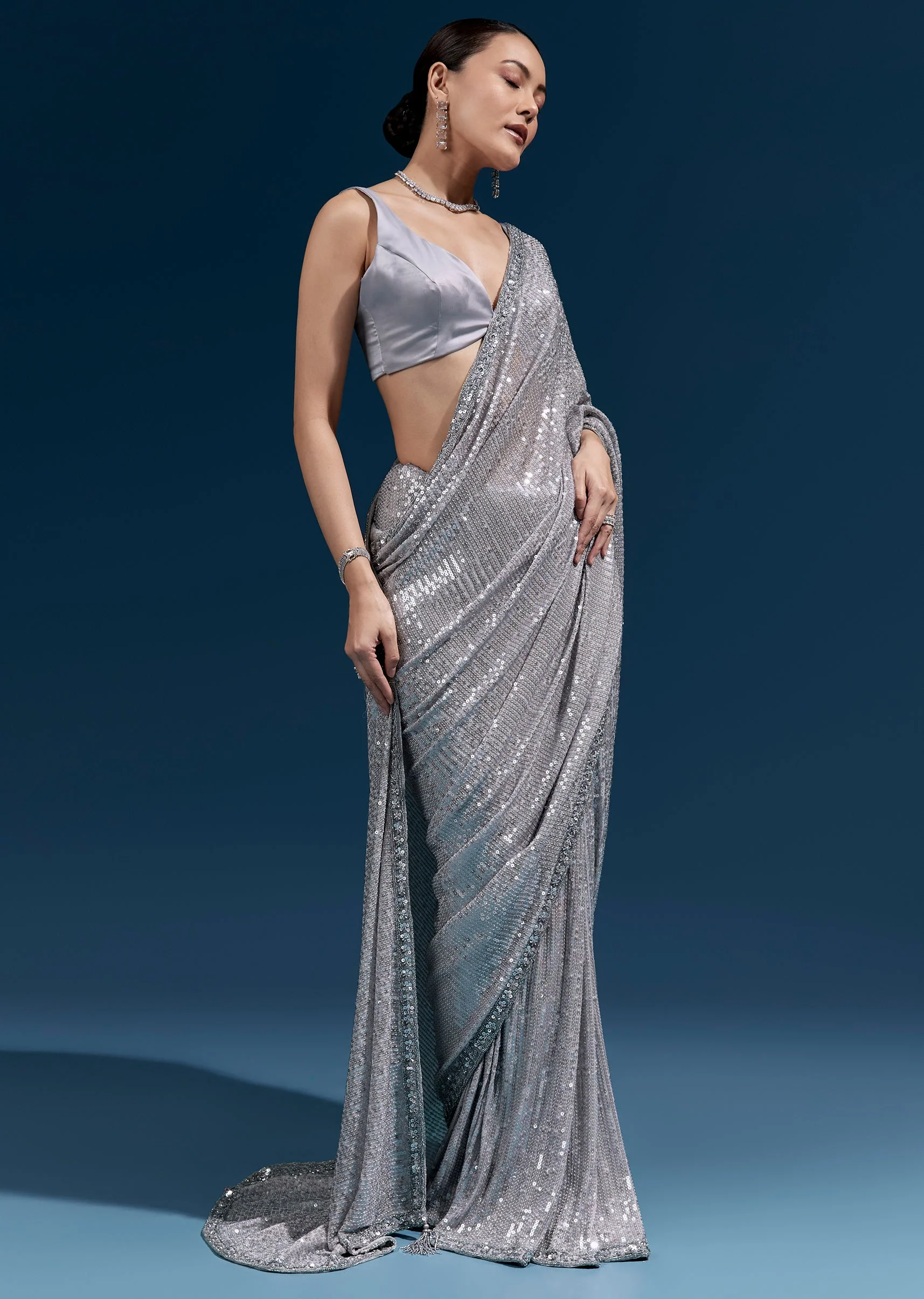 Grey Net Sequin Saree With Linear All Over Work And Hand Embroidered Floral Border