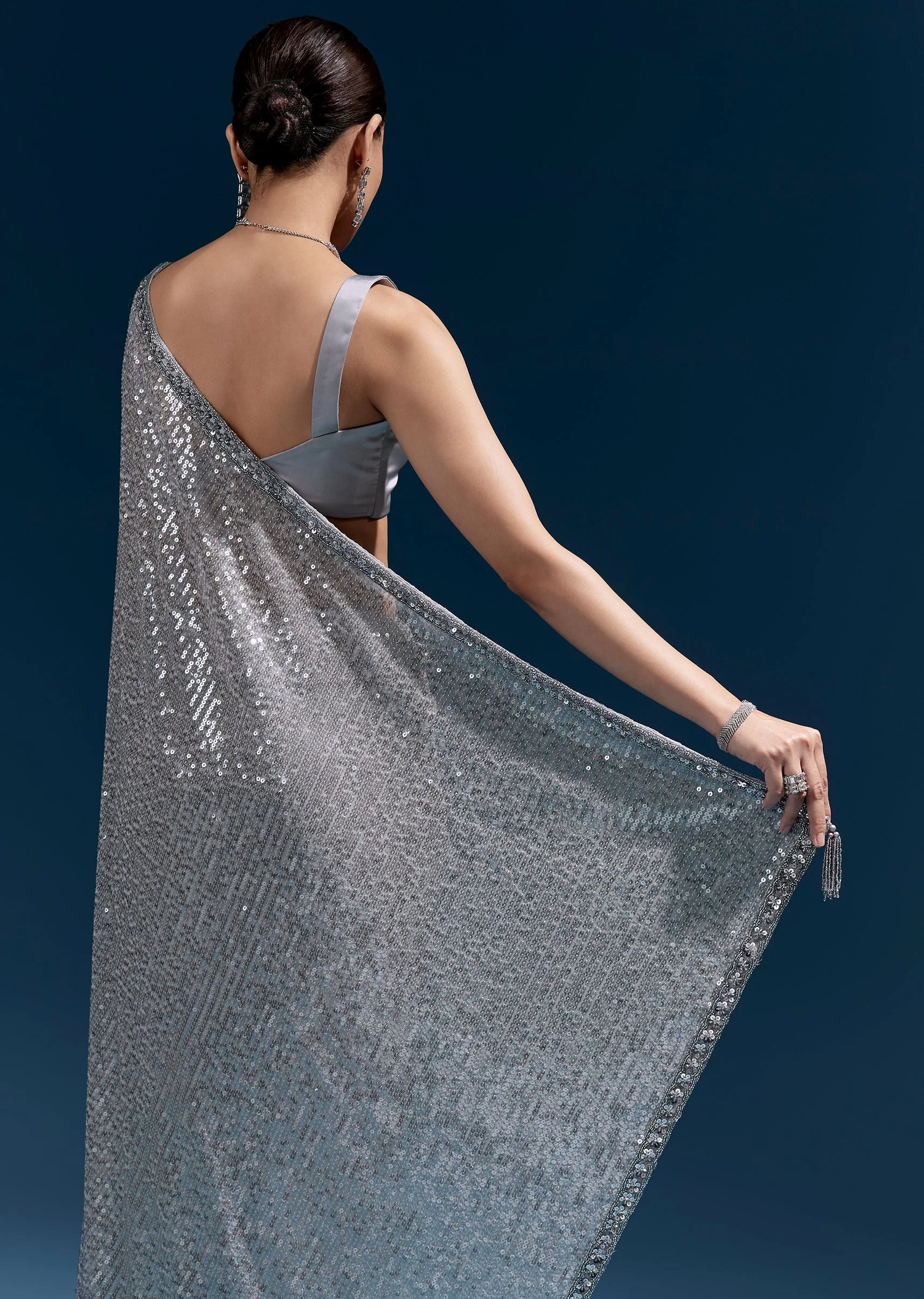 Grey Net Sequin Saree With Linear All Over Work And Hand Embroidered Floral Border - Image 6