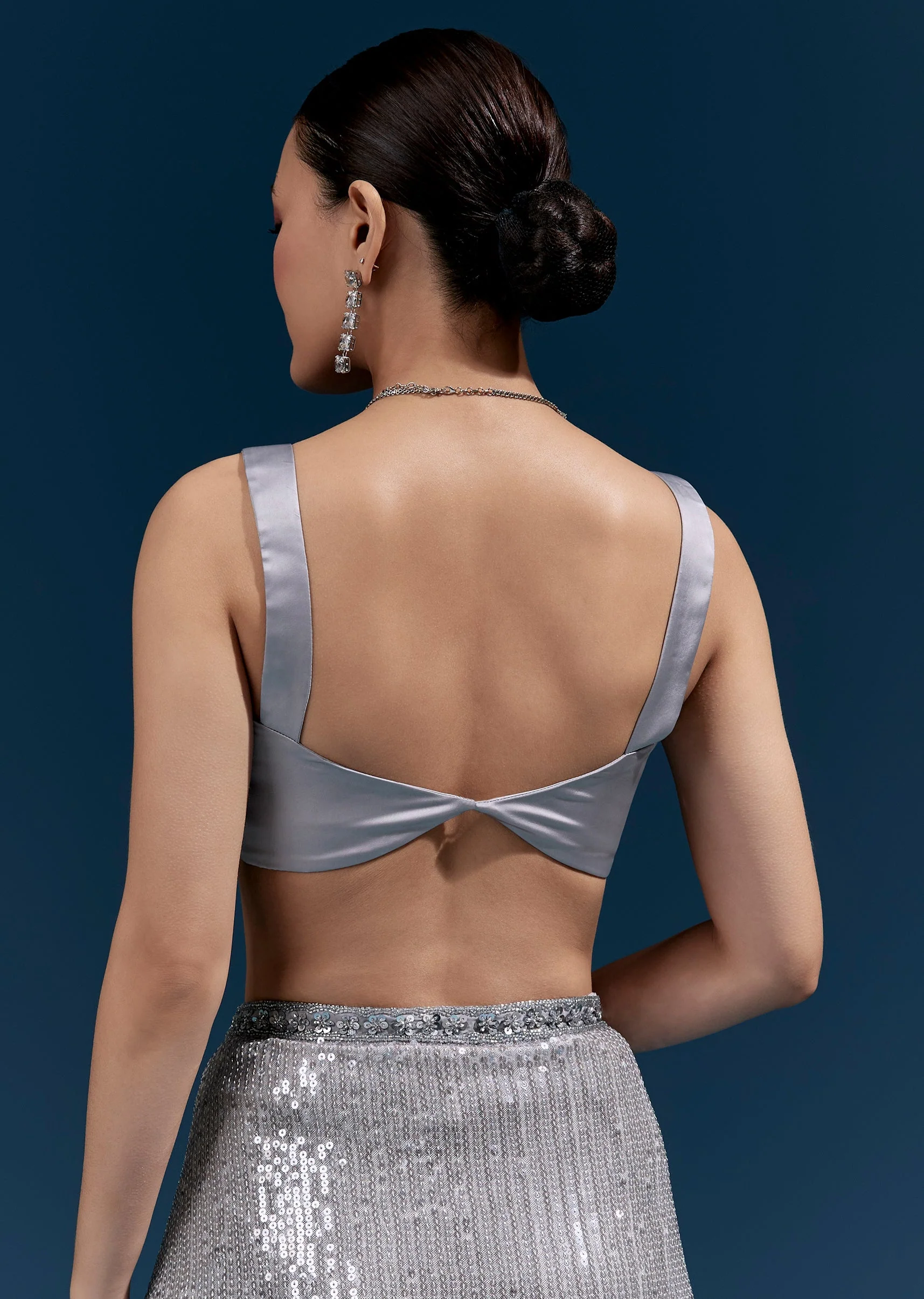 Grey Net Sequin Saree With Linear All Over Work And Hand Embroidered Floral Border - Image 8