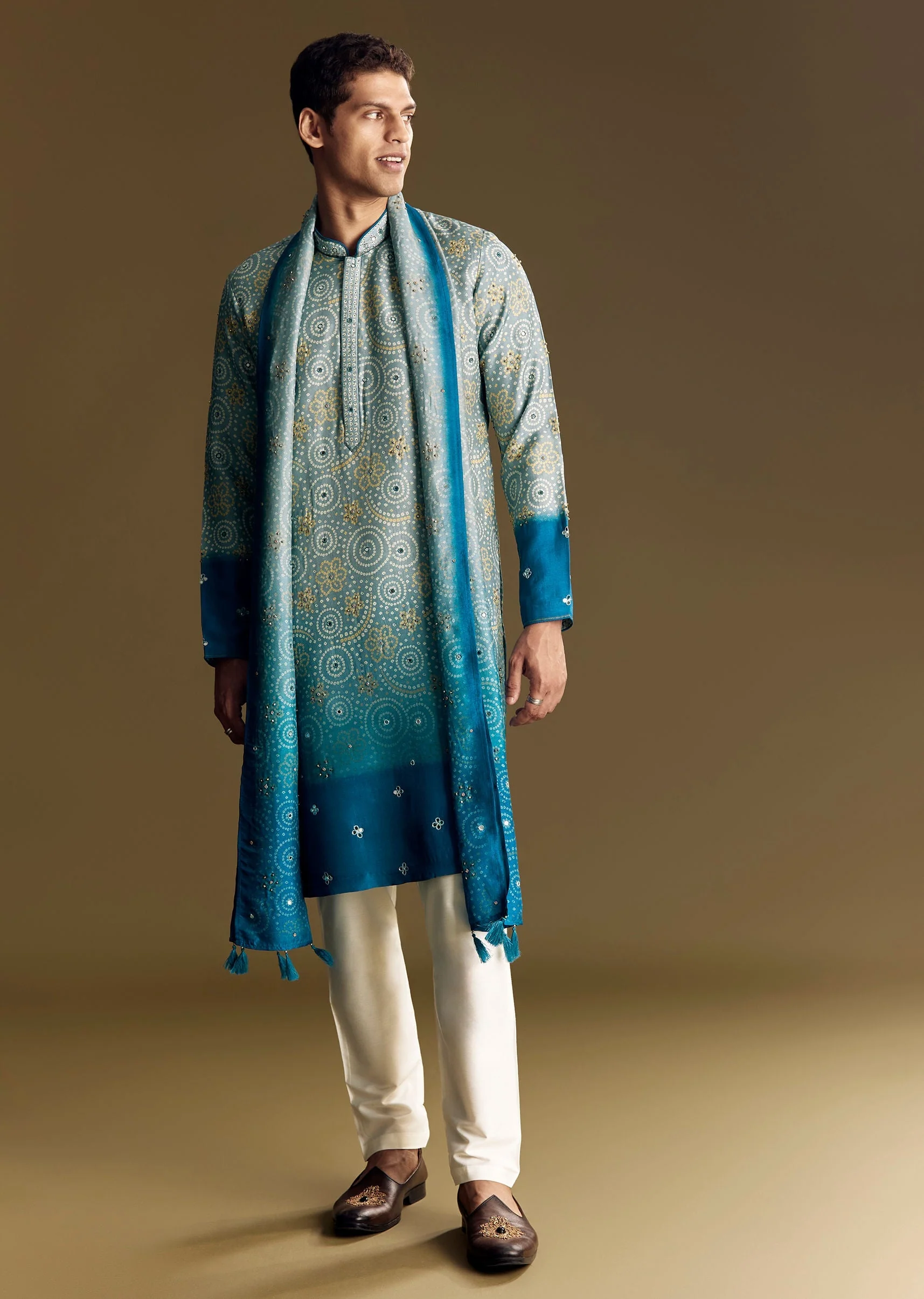 Grey Ombre Rawsilk Kurta Set With Mirror Embellishments - Image 2
