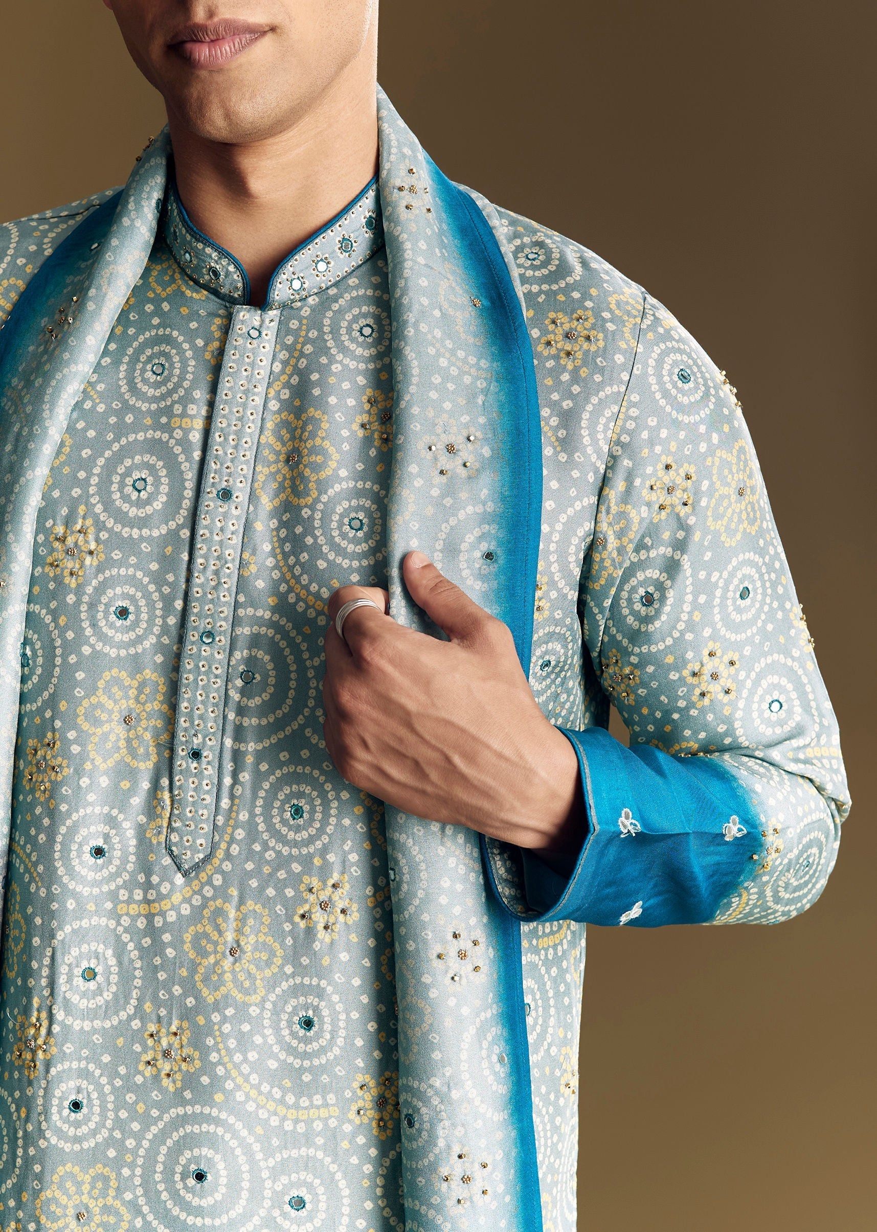 Grey Ombre Rawsilk Kurta Set With Mirror Embellishments - Image 3