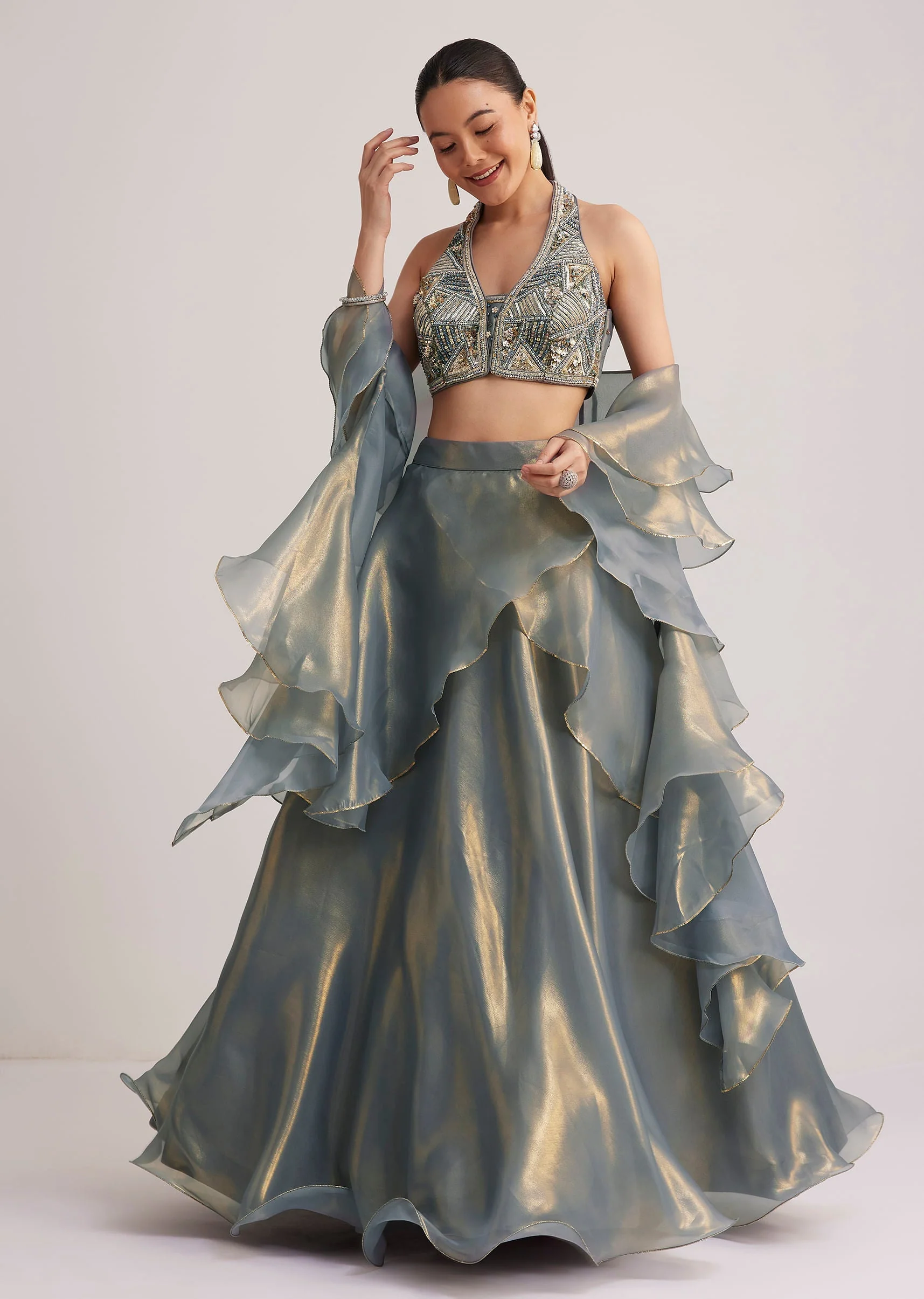 Grey Organza Embellished Lehenga Set With Dupatta - Image 3