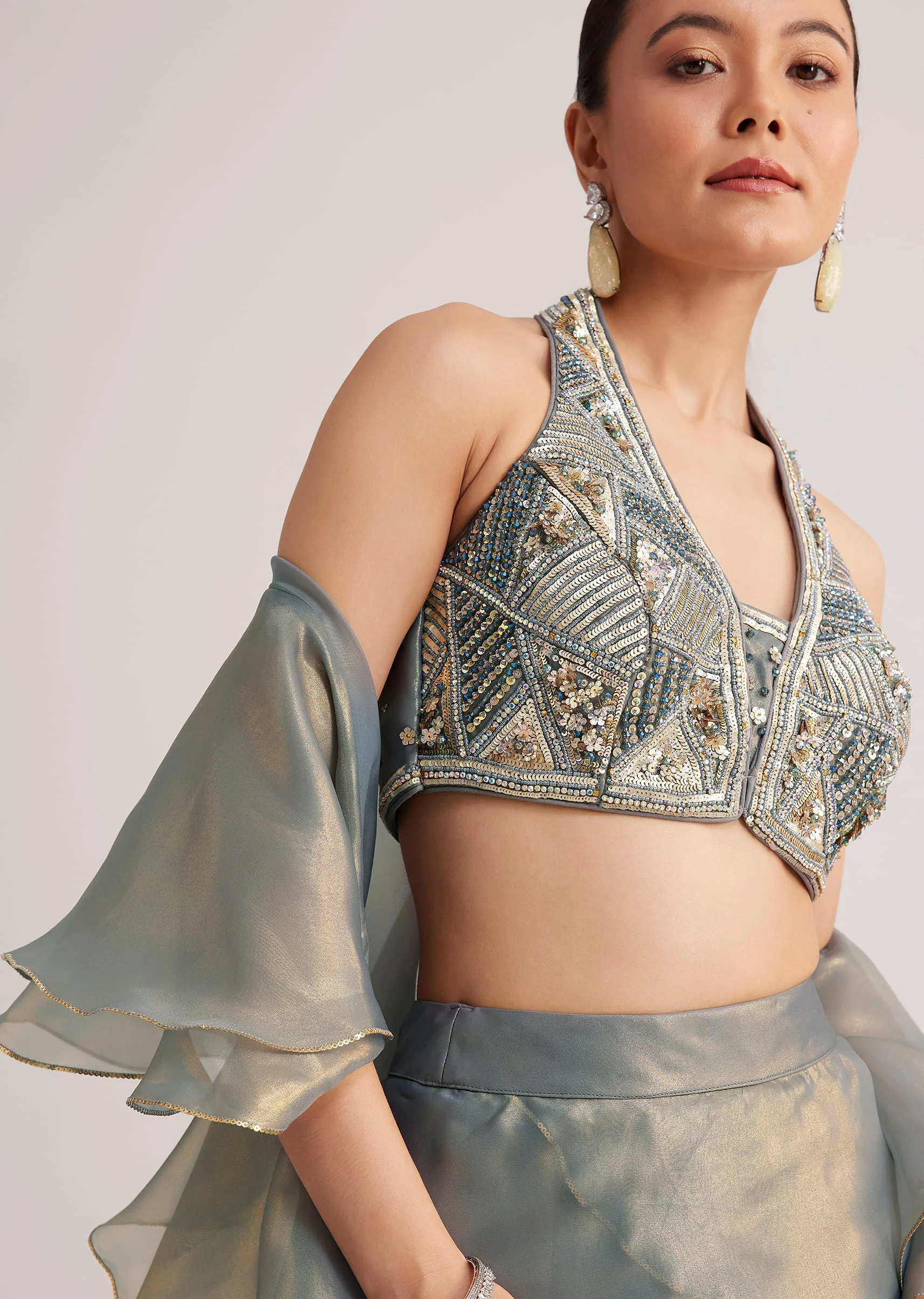 Grey Organza Embellished Lehenga Set With Dupatta - Image 4