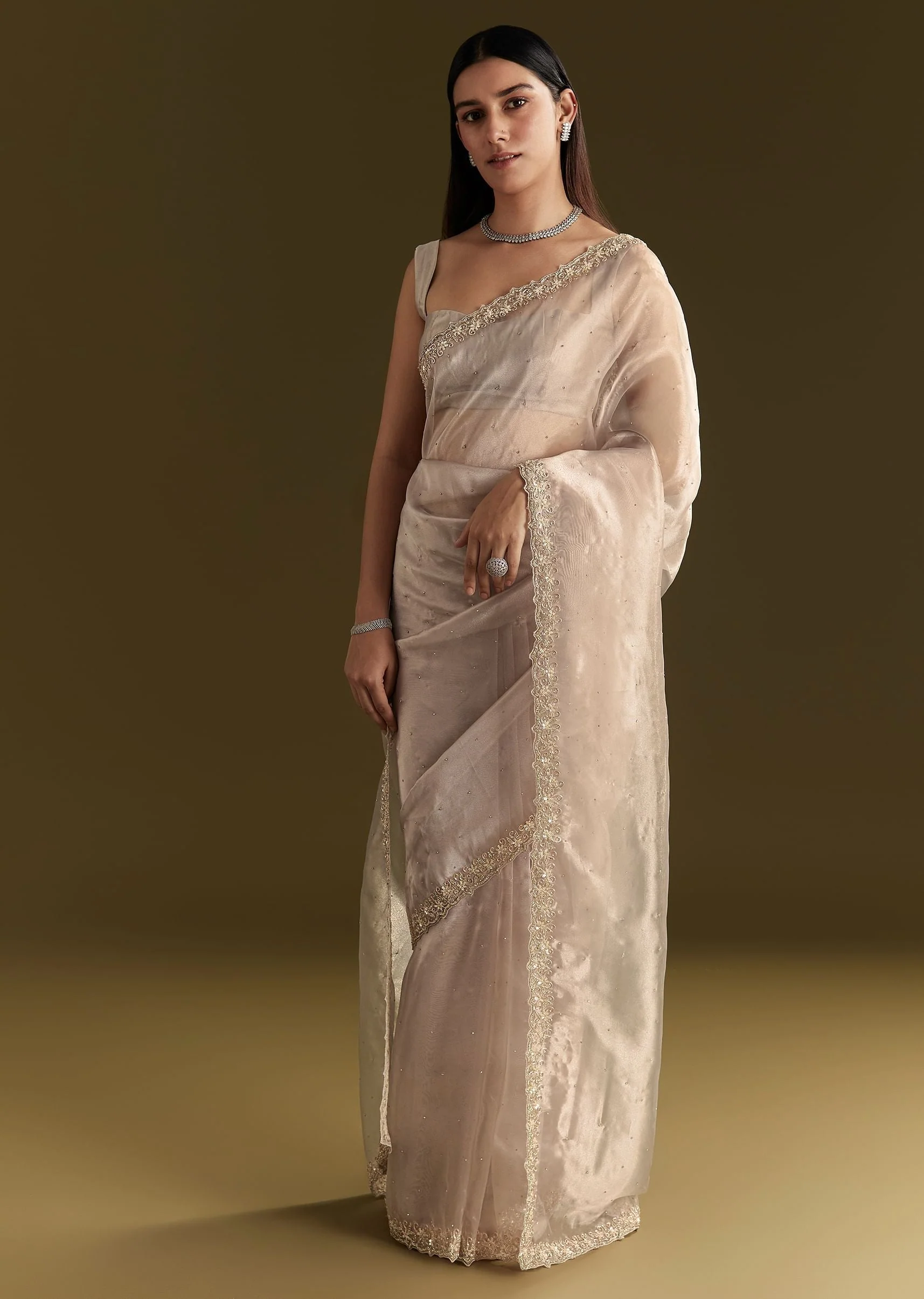 Grey Organza Embroidered Saree With Scallop Border - Image 5