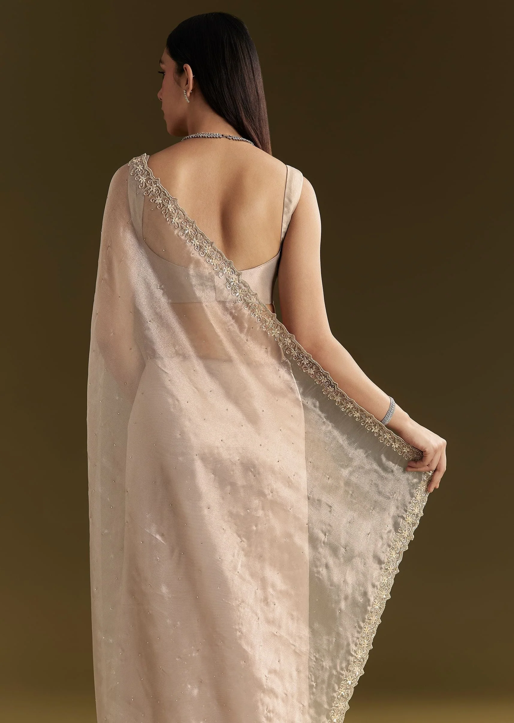 Grey Organza Embroidered Saree With Scallop Border - Image 6