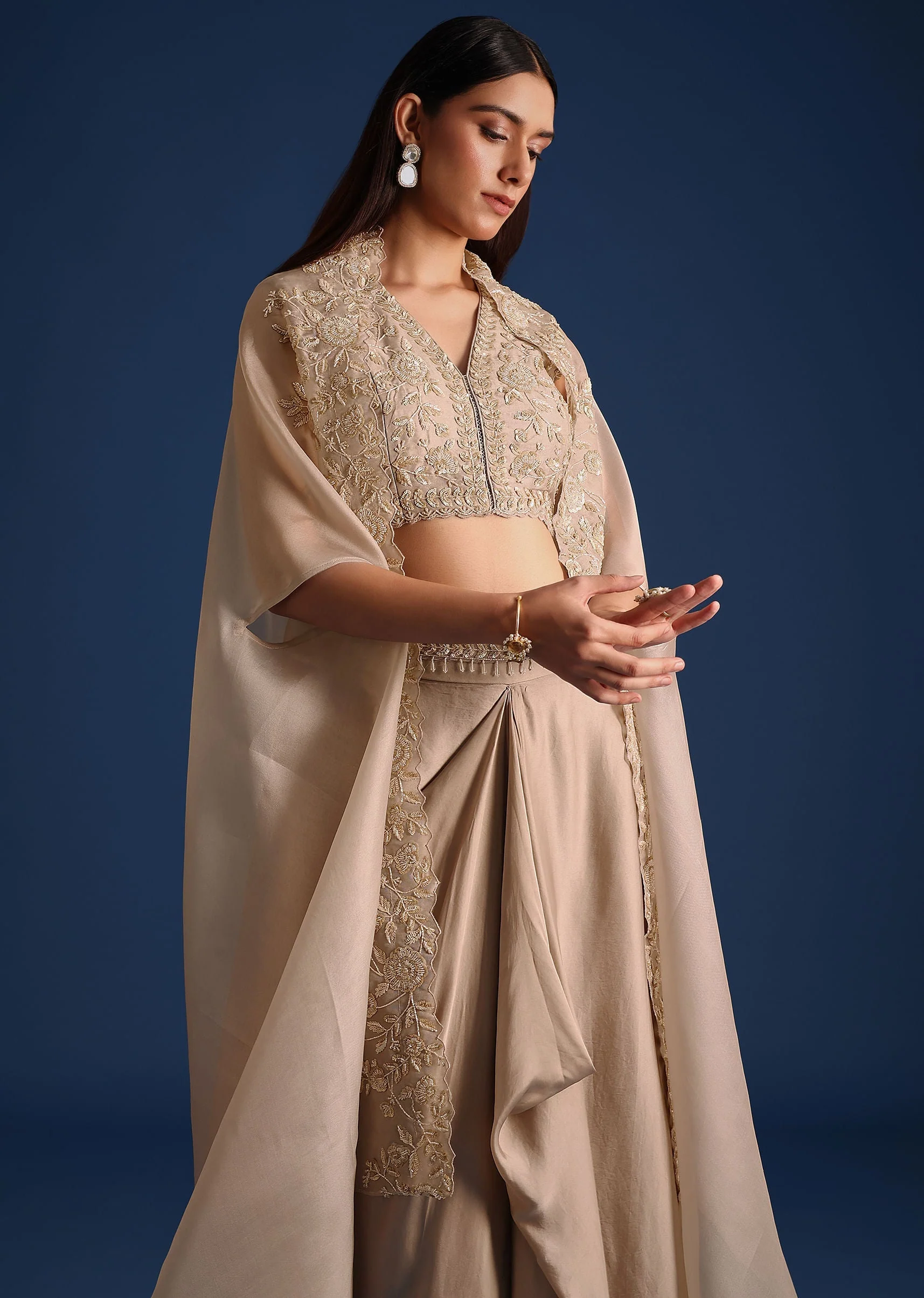 Grey Organza Jacket With Draped Skirt And Crop Top - Image 4
