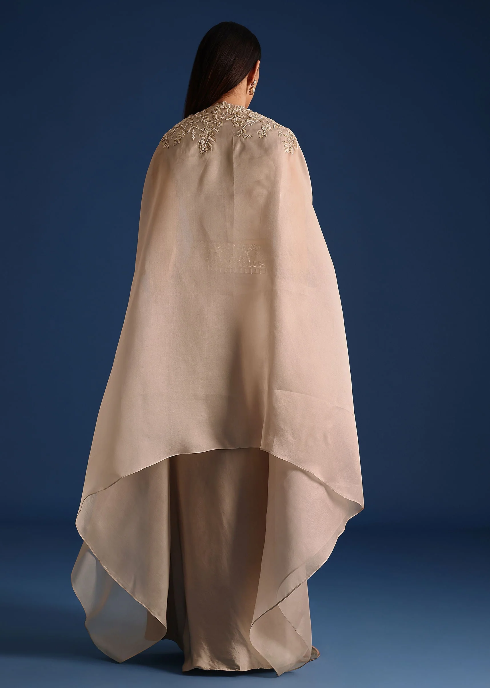 Grey Organza Jacket With Draped Skirt And Crop Top - Image 5