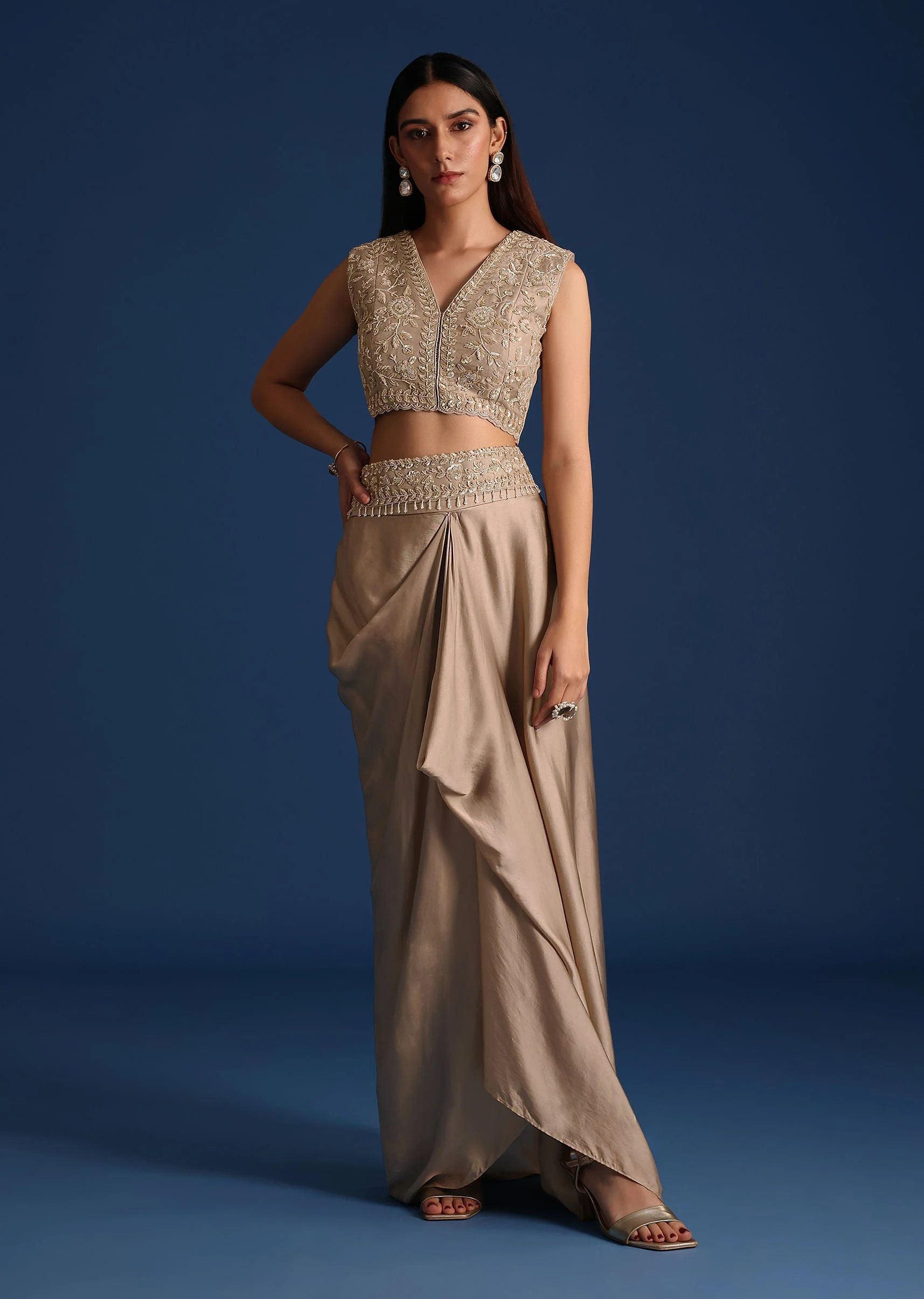 Grey Organza Jacket With Draped Skirt And Crop Top - Image 6
