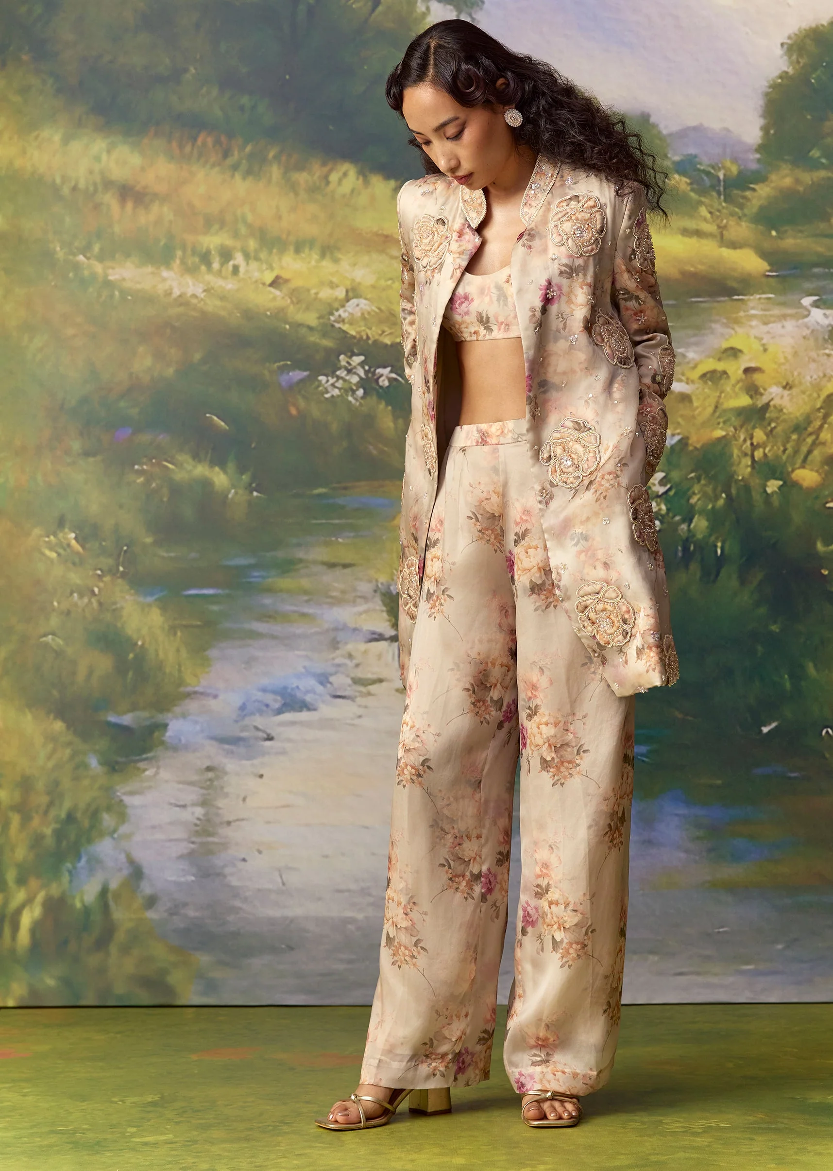 Grey Organza Printed Sherwani and Pant Set