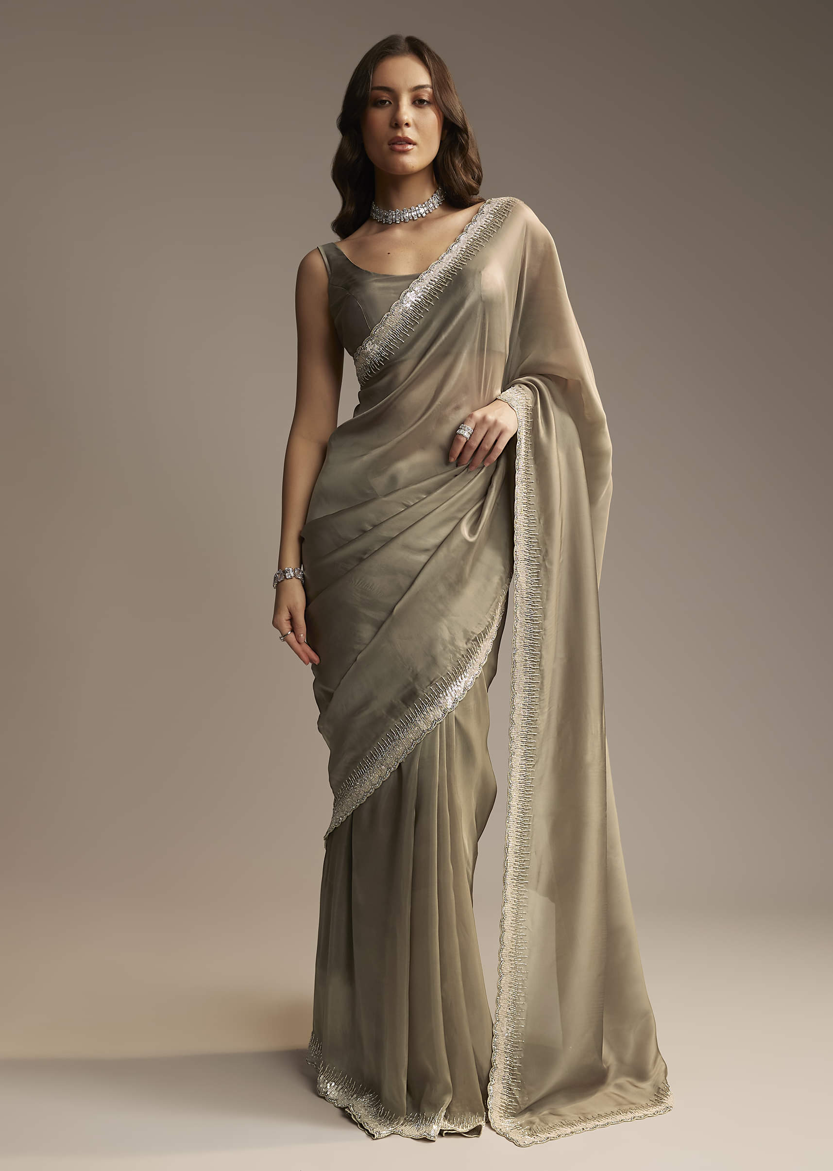 Grey Organza Saree with Cutdana Sequin Embroidery - Image 10