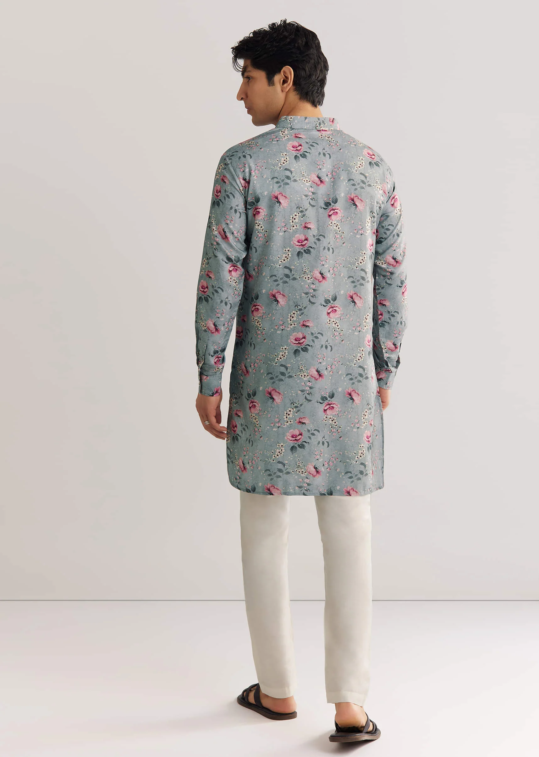 Grey Pashmina Zipper Kurta Set With Floral Prints - Image 5