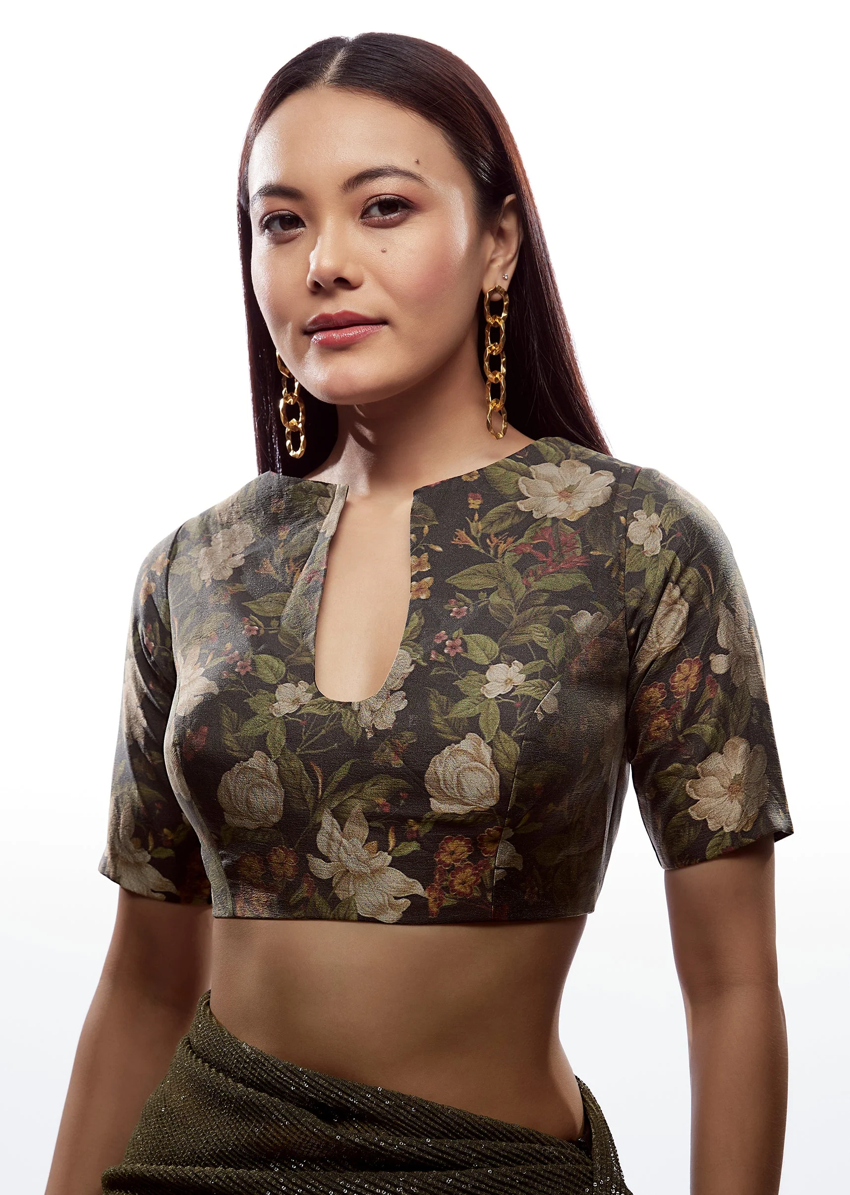 Grey Printed Blouse With Back Tie Ups