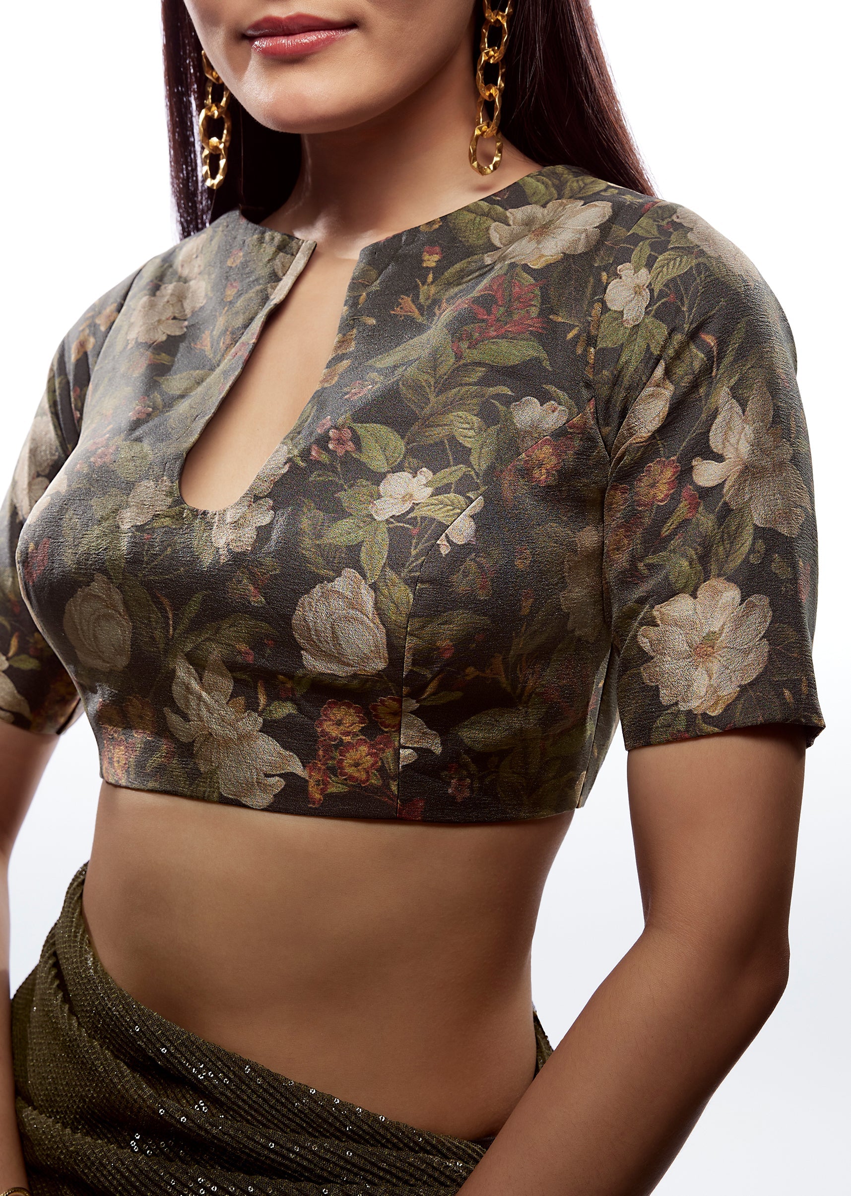 Grey Printed Blouse With Back Tie Ups - Image 3
