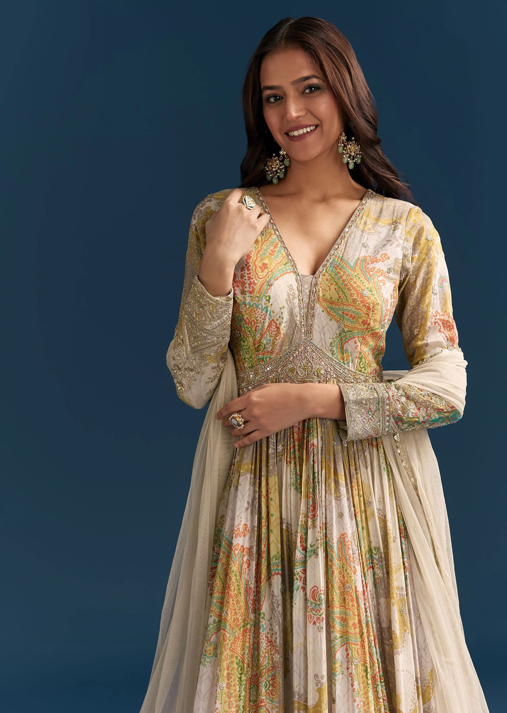 Grey Printed Chinon Anarkali Suit With Zari Work - Image 3