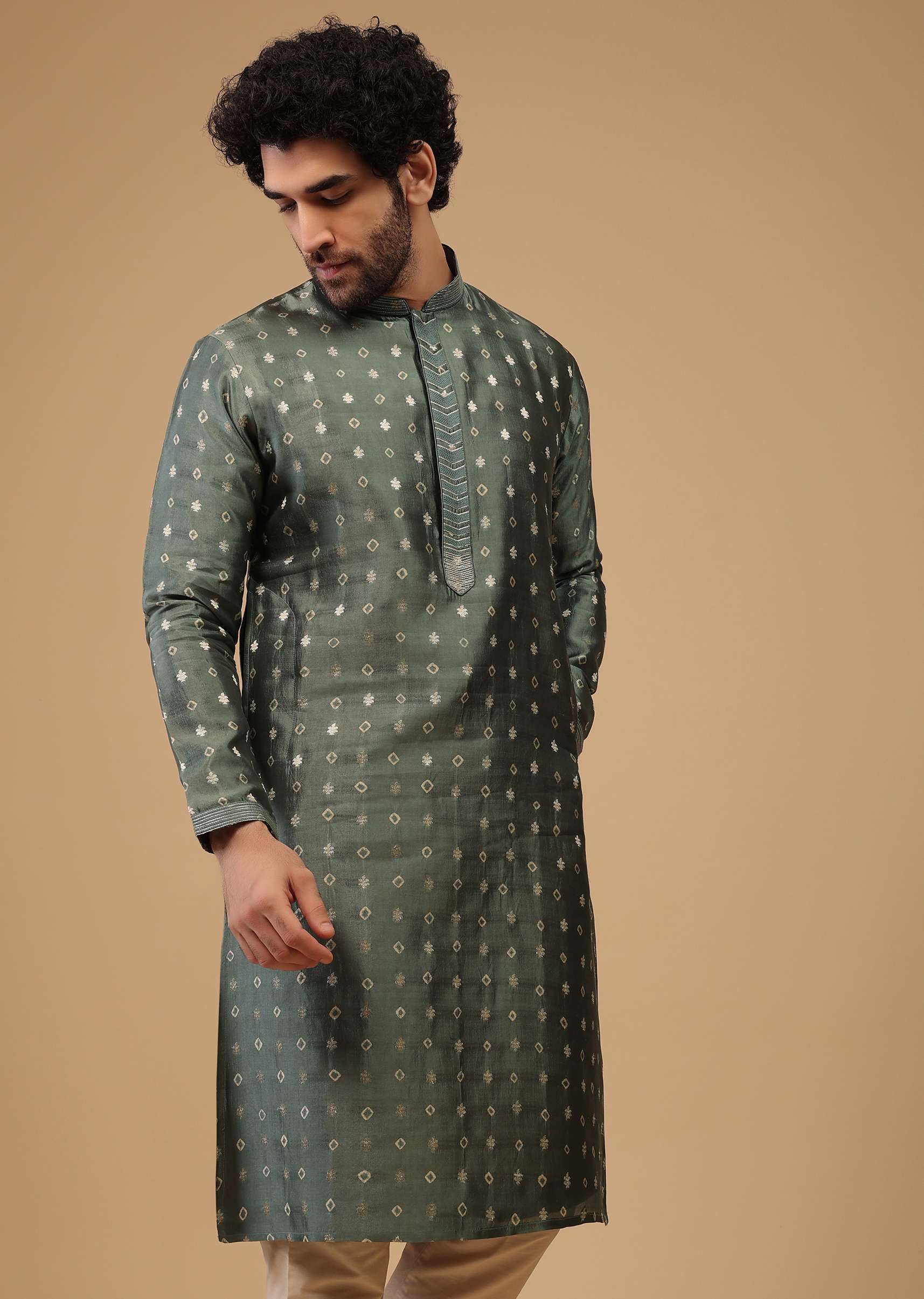 Grey Printed Handwoven Silk Kurta Set With Buttis - Image 4