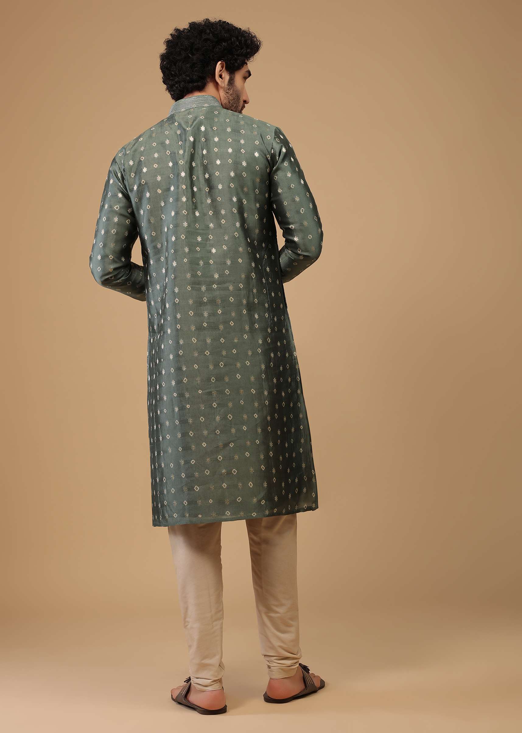 Grey Printed Handwoven Silk Kurta Set With Buttis - Image 5