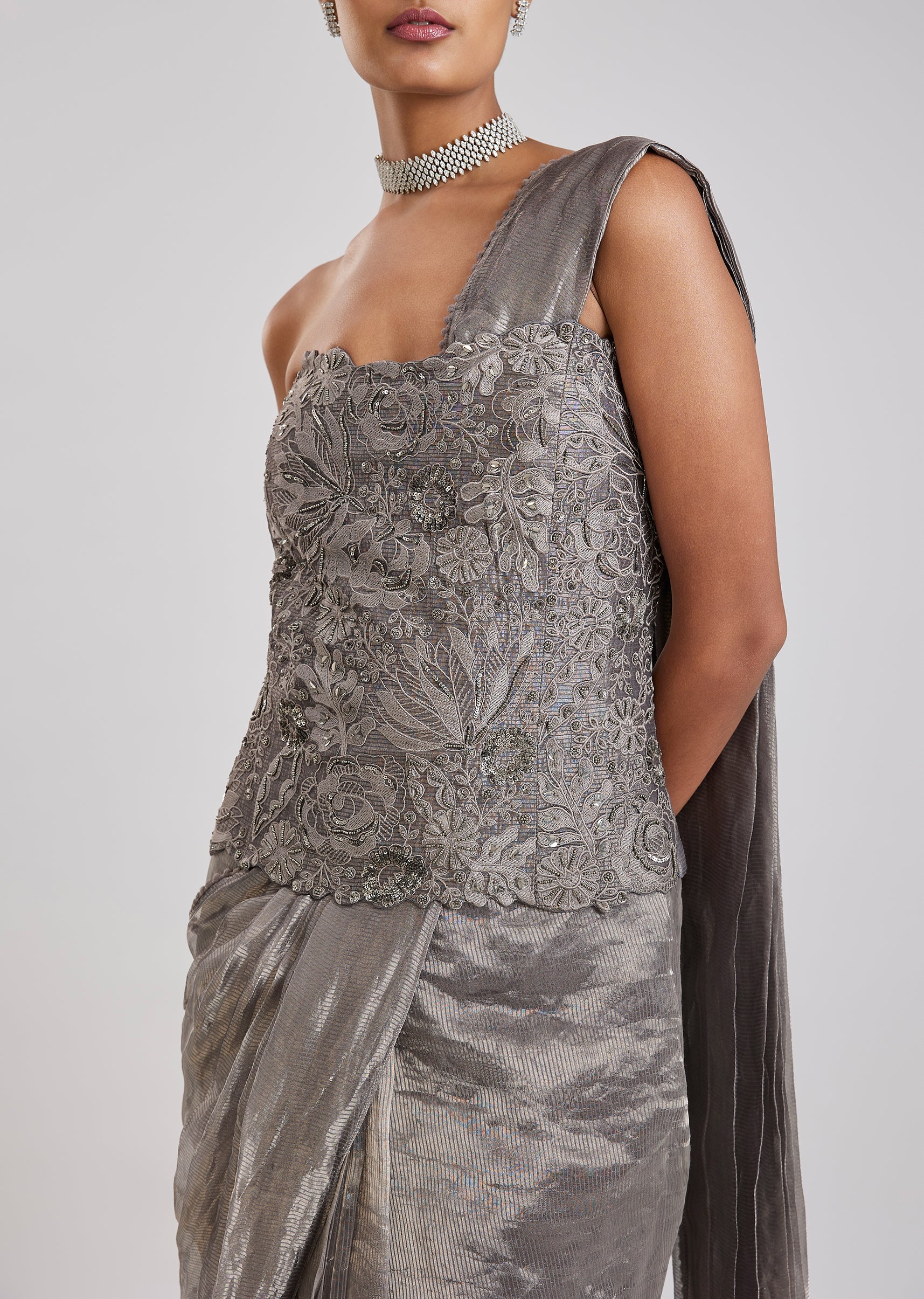Grey Ready Pleated Saree With Corset Blouse - Image 2