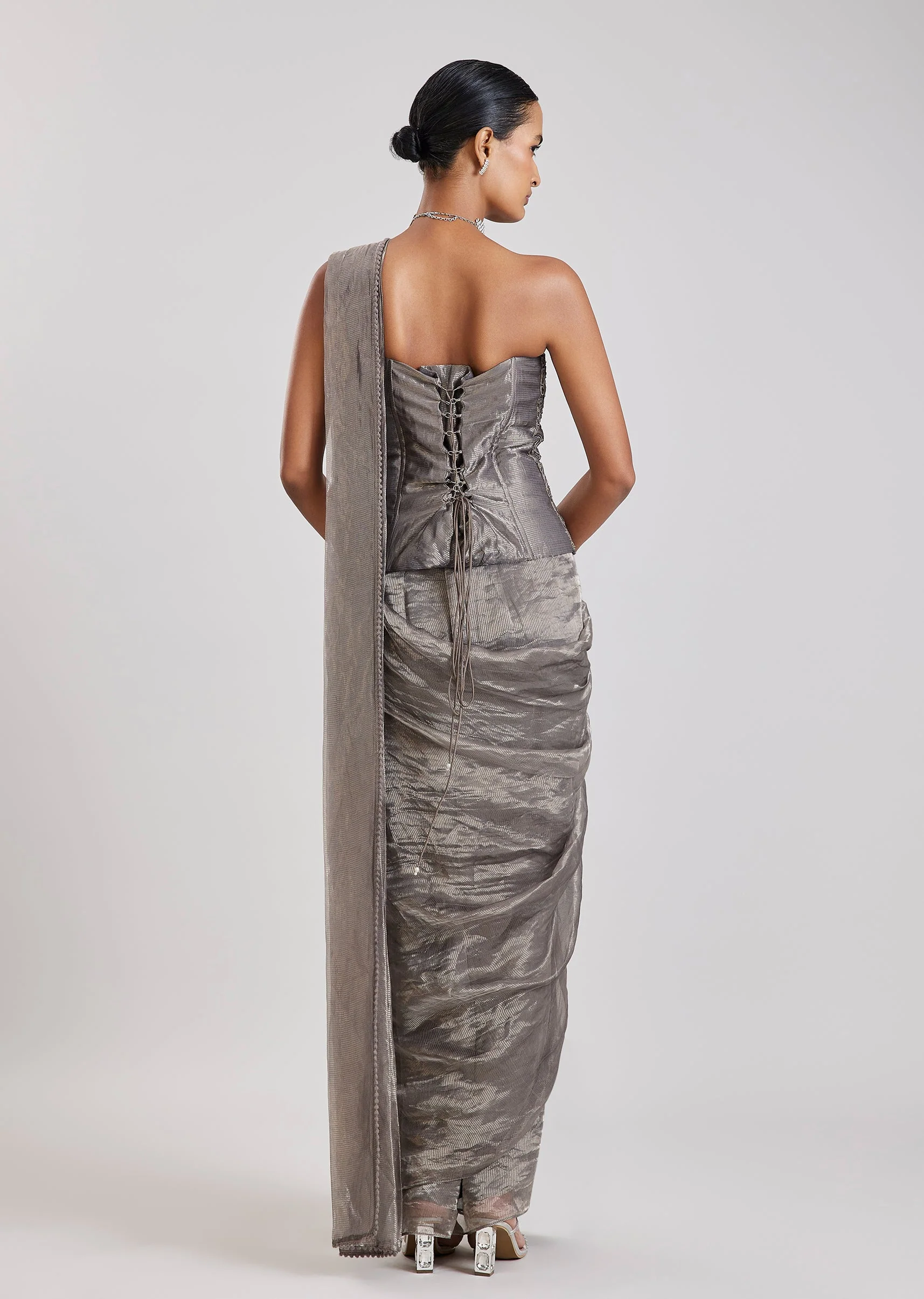 Grey Ready Pleated Saree With Corset Blouse - Image 5