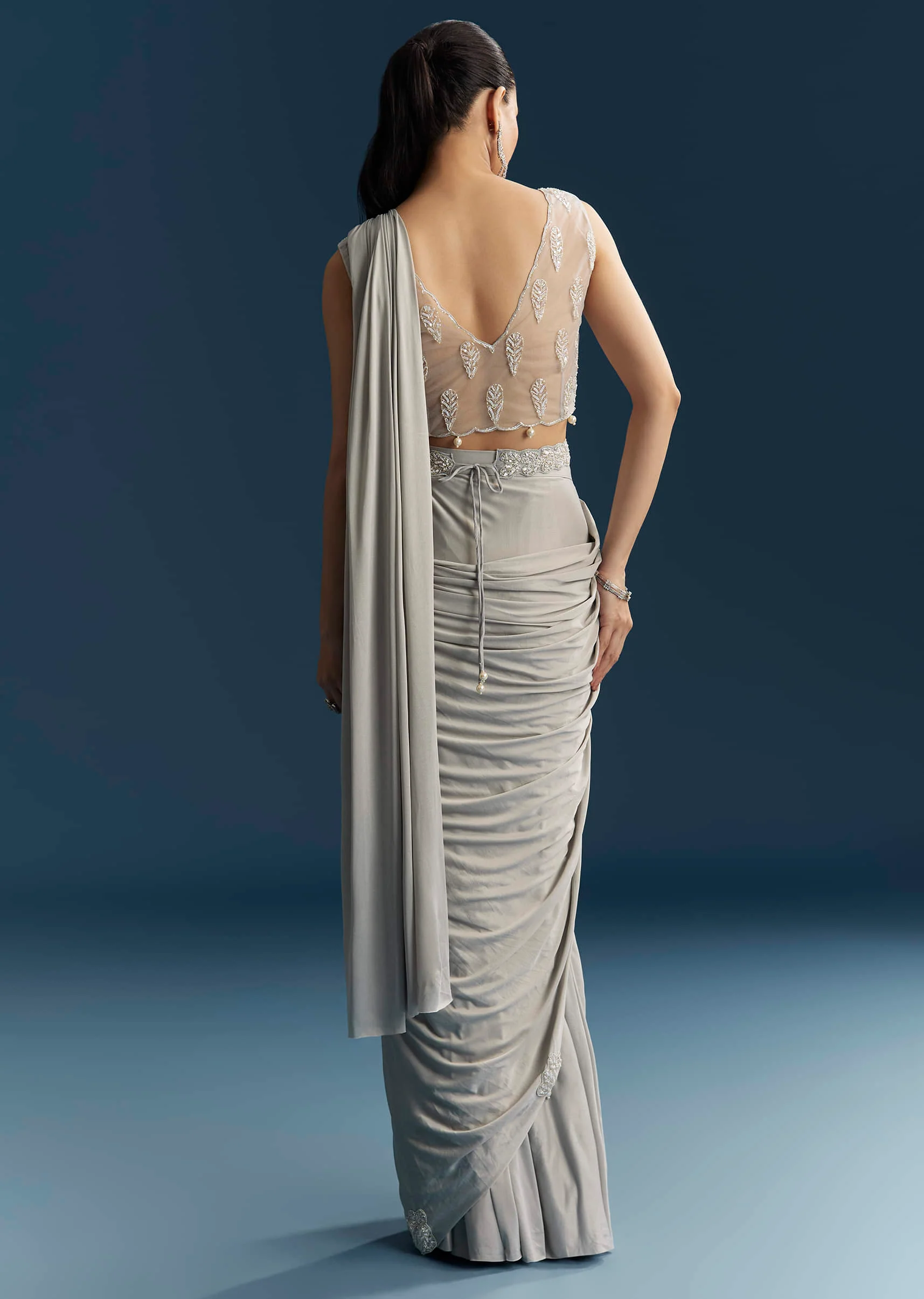 Grey Ready Pleated Saree With Cutdana And Sequins Work - Image 6