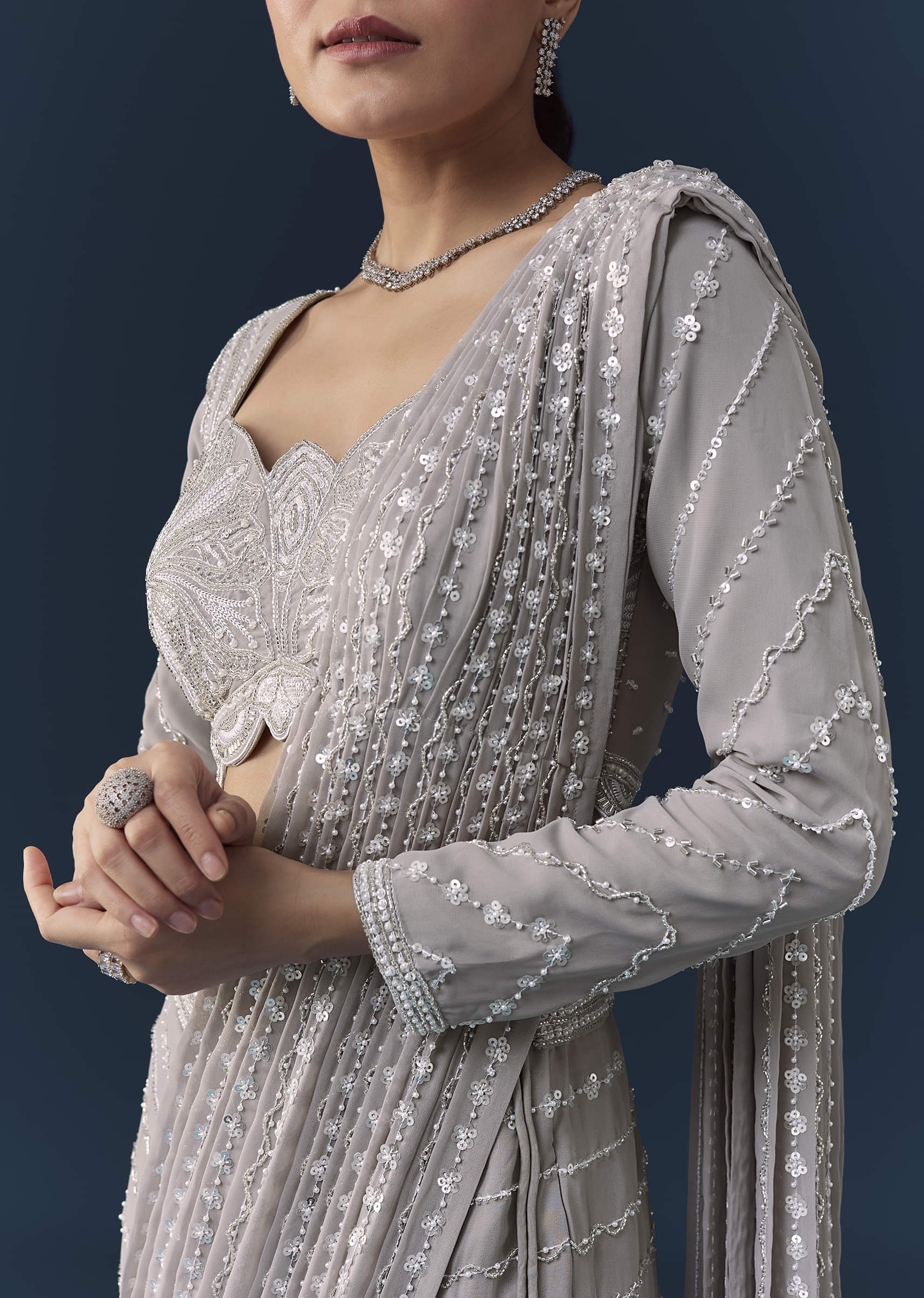 Grey Ready Pre Pleated Saree with Resham Blouse - Image 2