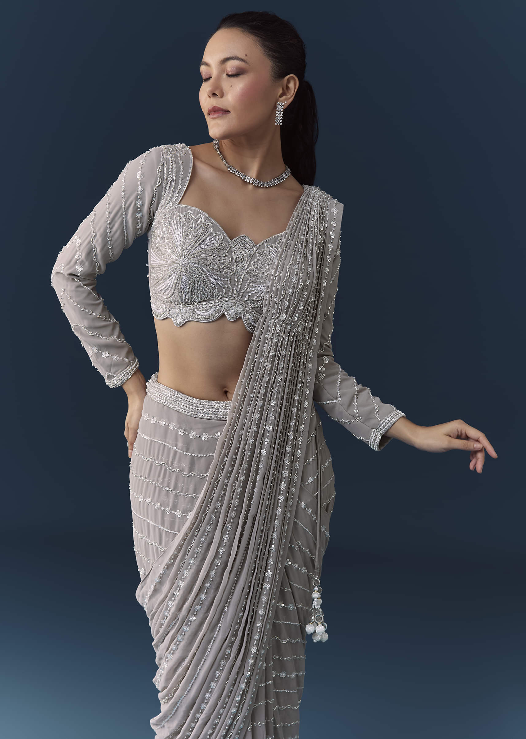 Grey Ready Pre Pleated Saree with Resham Blouse - Image 4