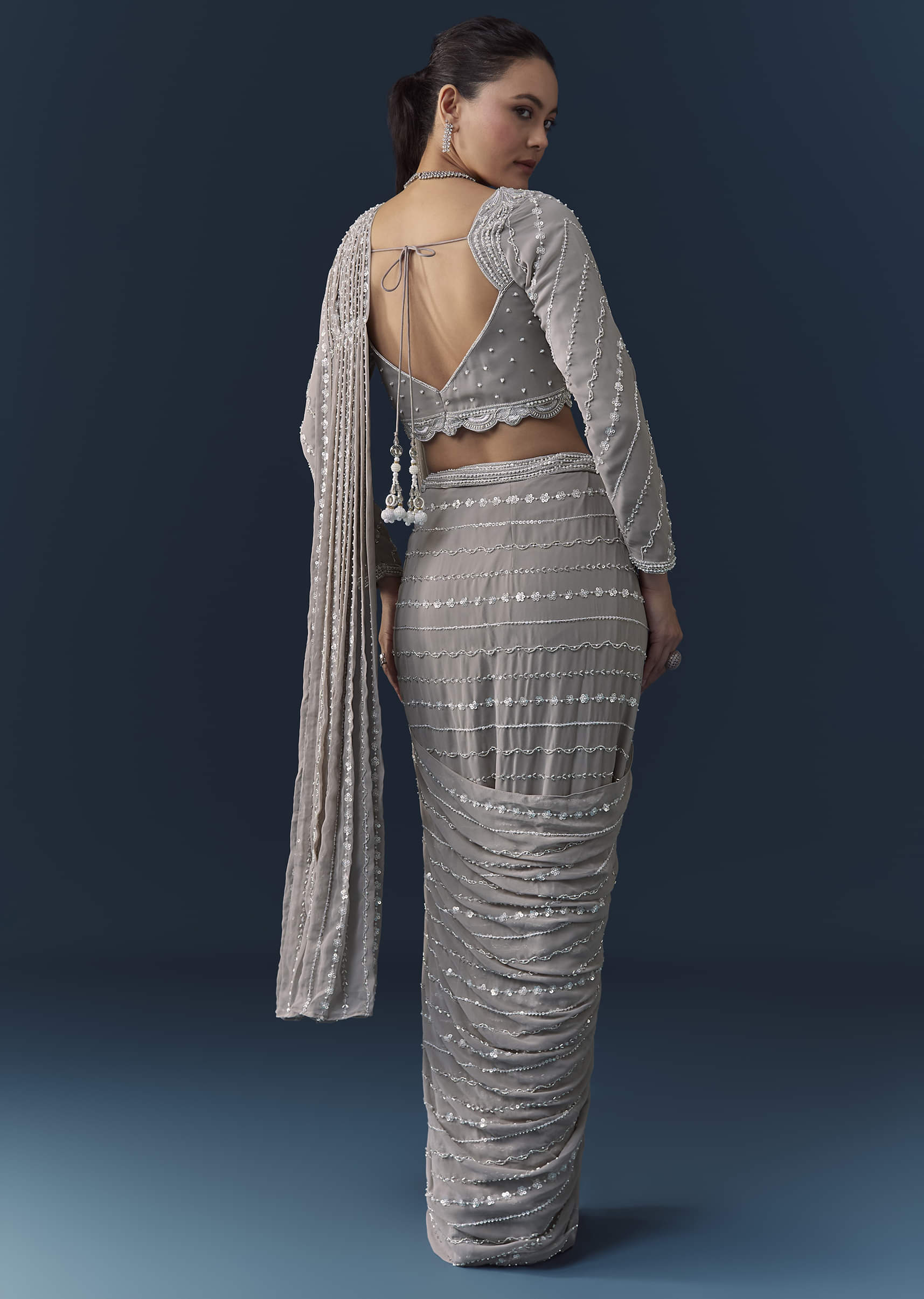 Grey Ready Pre Pleated Saree with Resham Blouse - Image 5