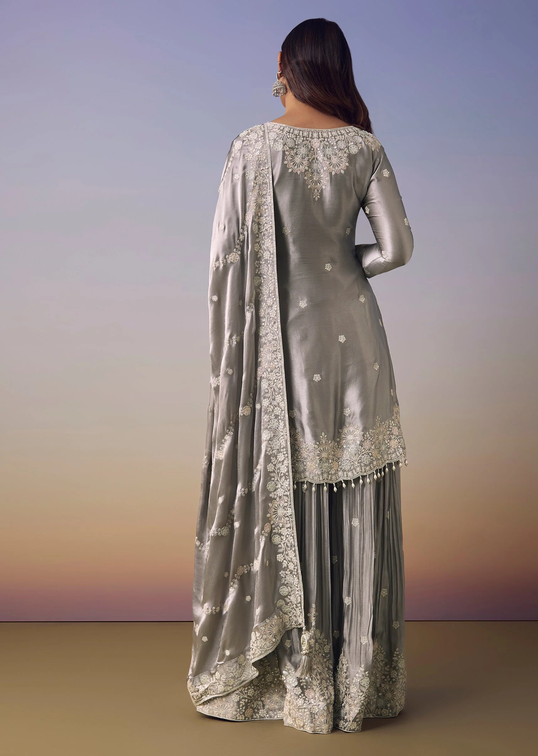 Grey Satin Embroidered Kurta and Palazzo Set - Image 5