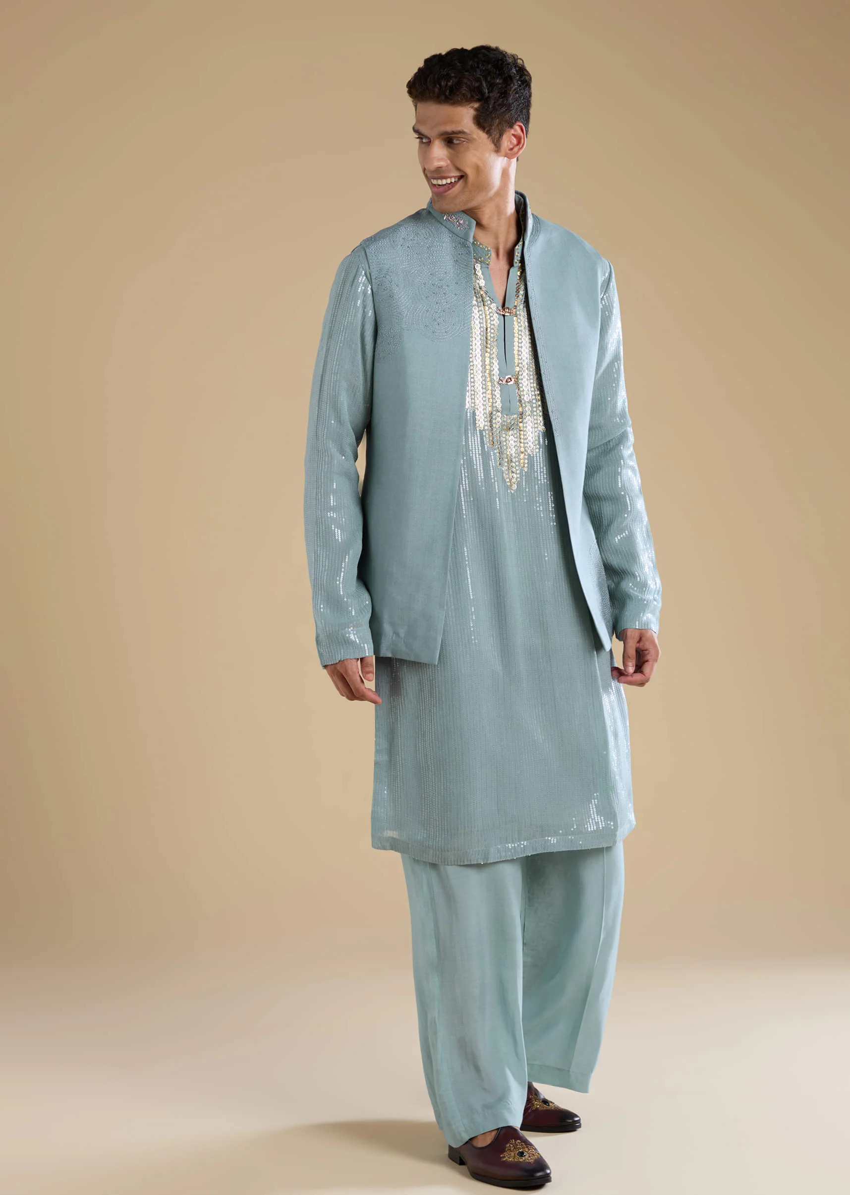 Grey Sequin Embellished Kurta and Jacket Set - Image 3
