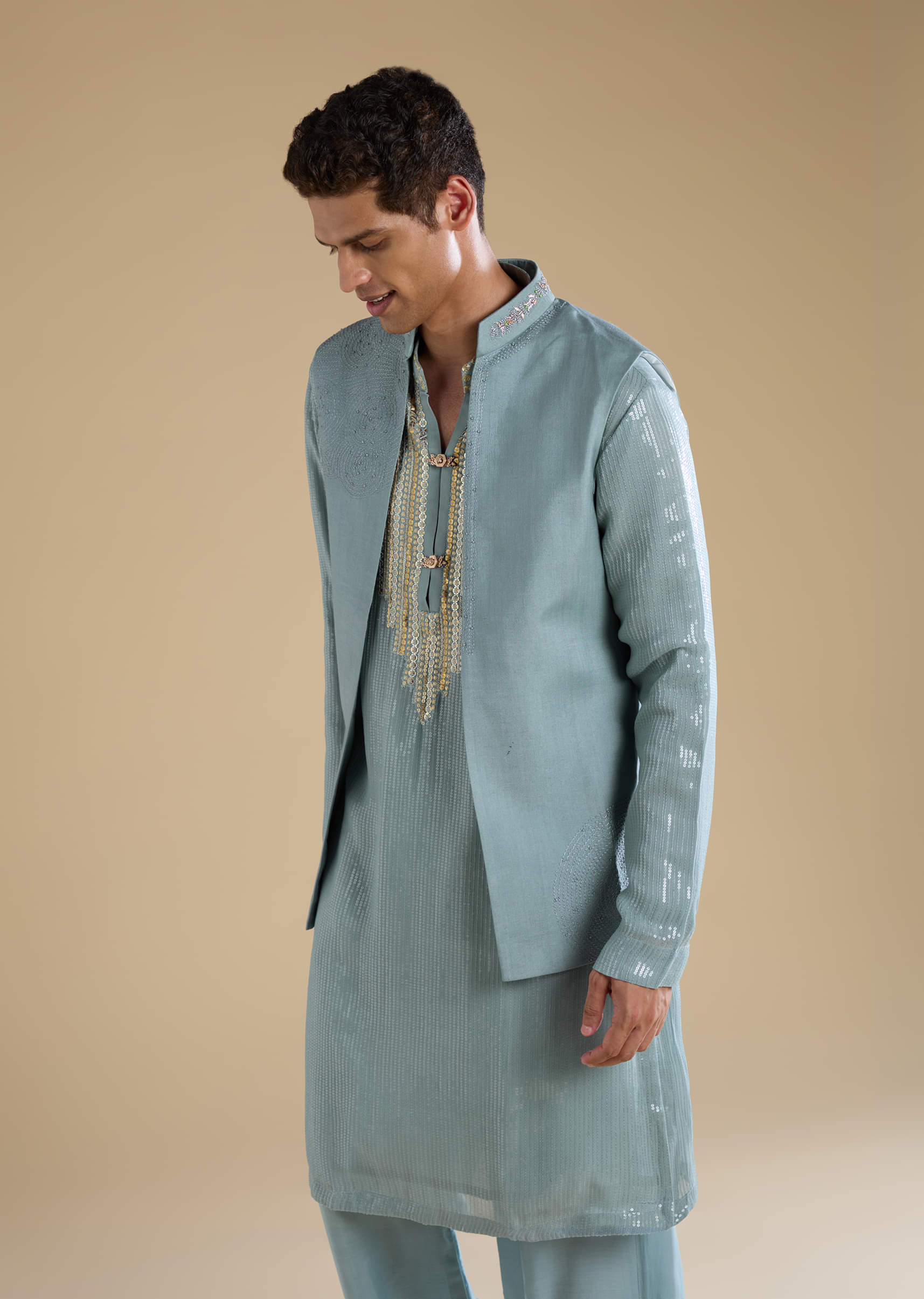Grey Sequin Embellished Kurta and Jacket Set - Image 4