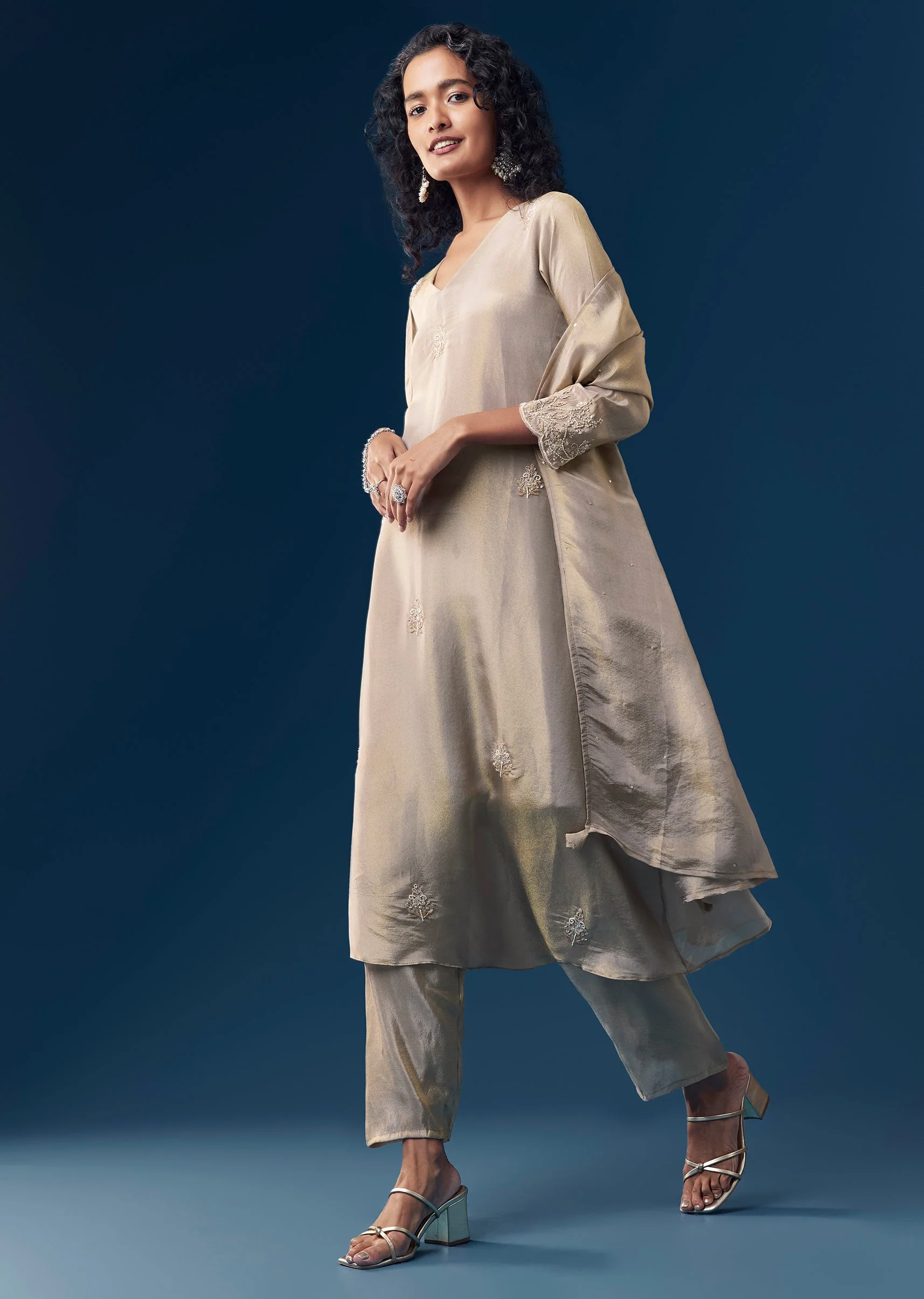 Grey Sequin Embellished Tissue Anarkali Set - Image 3