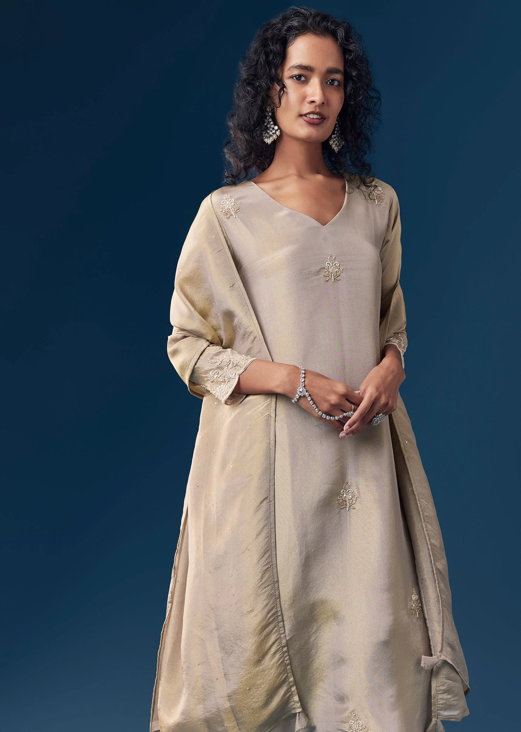 Grey Sequin Embellished Tissue Anarkali Set - Image 4