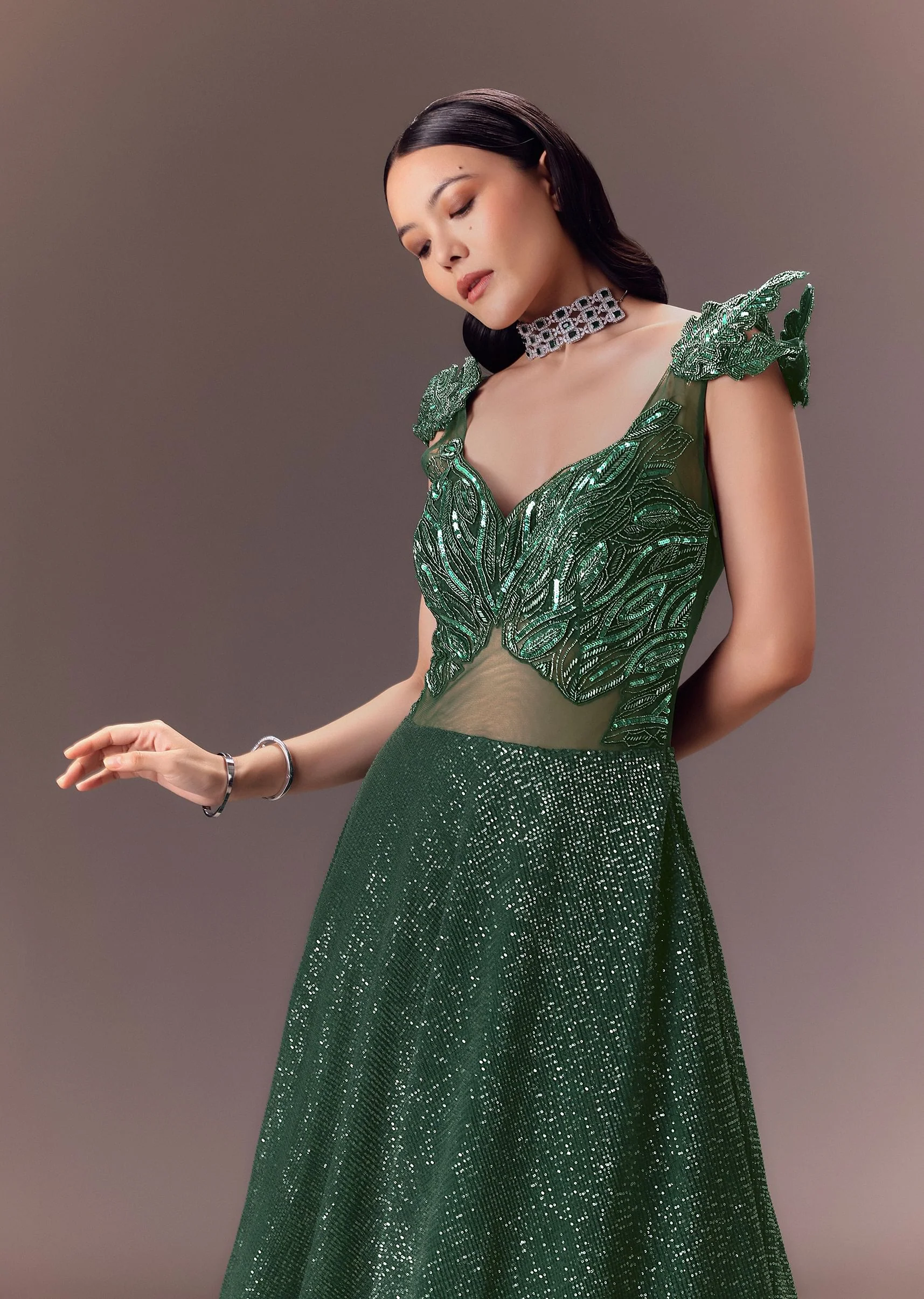 Grey Sequin Flared Gown With 3D Hand Work - Image 2