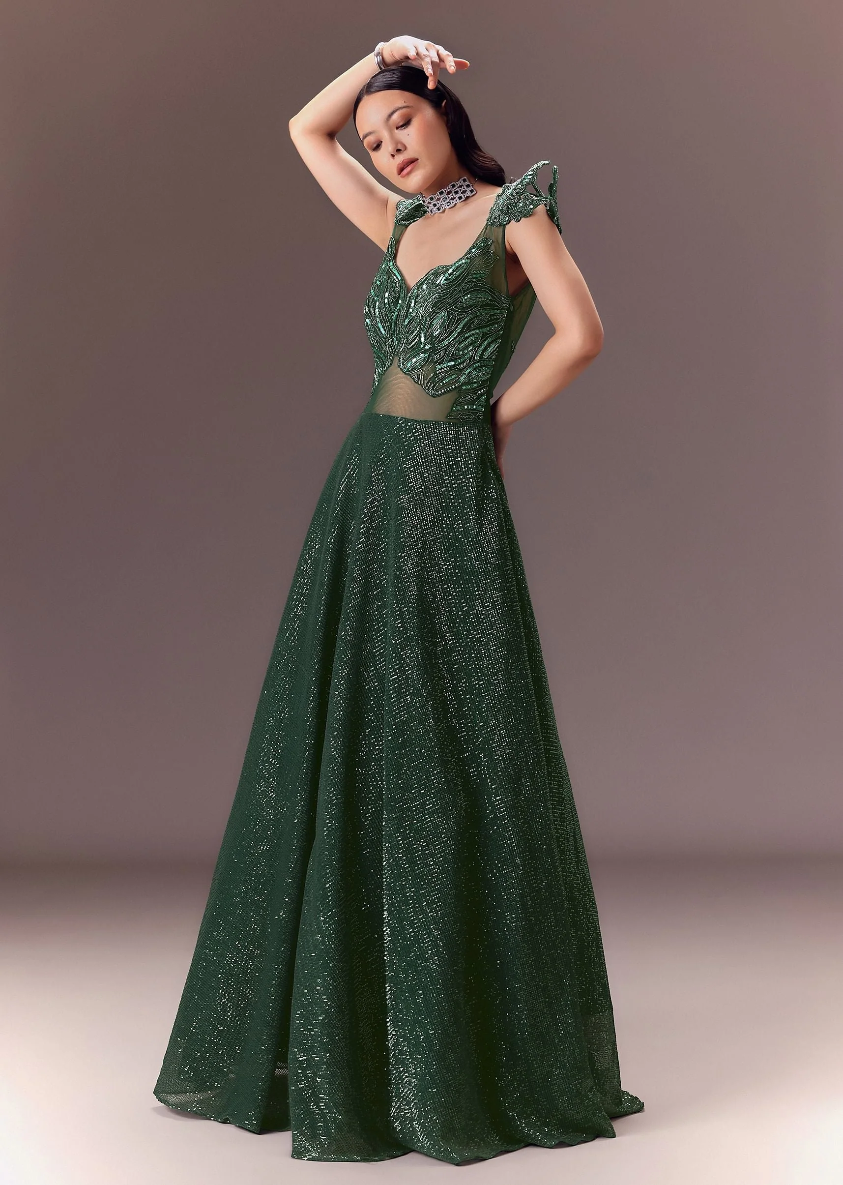 Grey Sequin Flared Gown With 3D Hand Work - Image 3