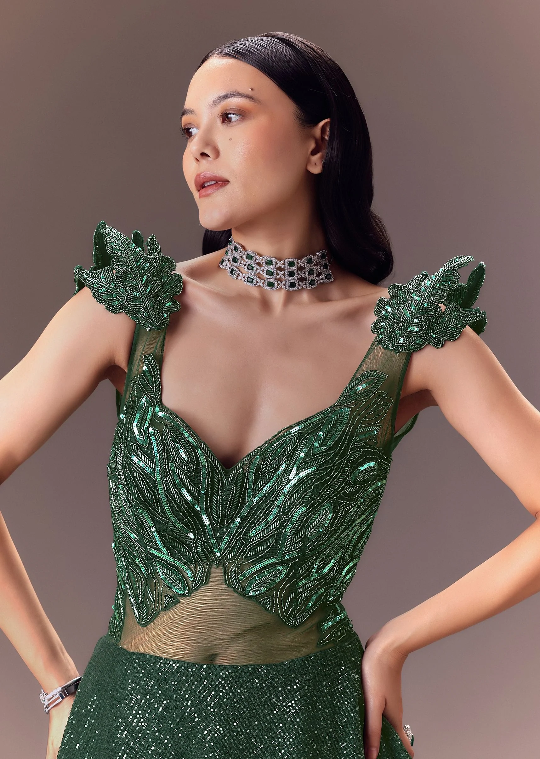 Grey Sequin Flared Gown With 3D Hand Work - Image 4