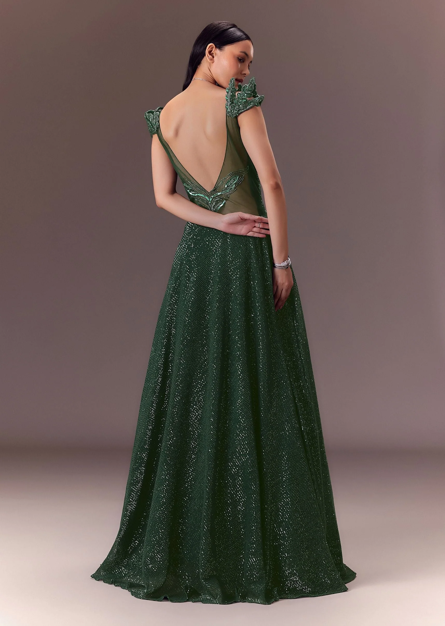 Grey Sequin Flared Gown With 3D Hand Work - Image 5