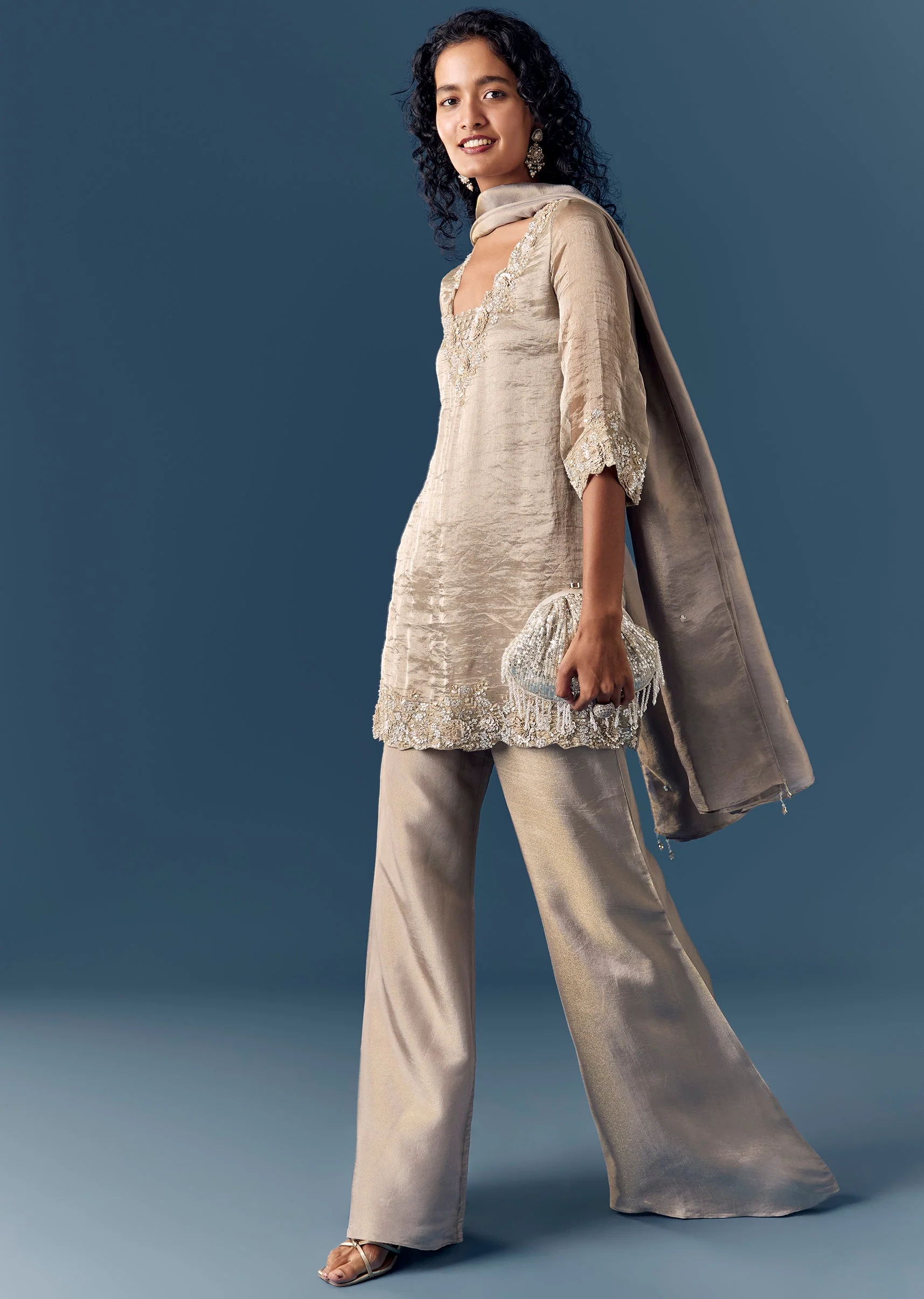 Grey Sequinned Tissue Kurta Palazzo Set With Dupatta - Image 3