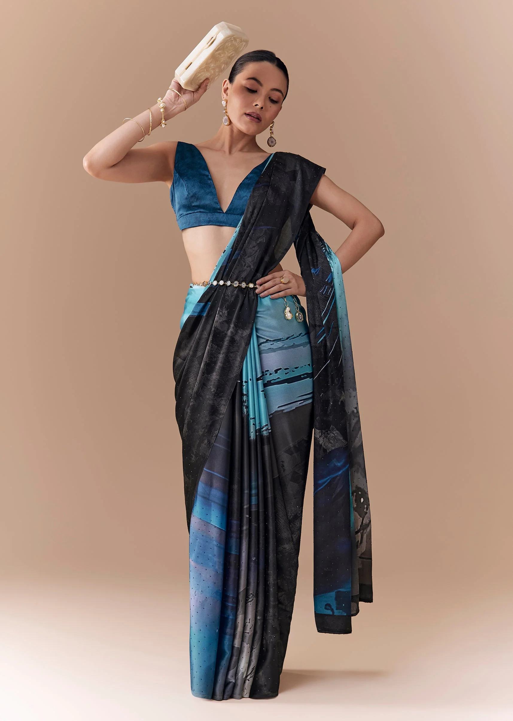 Grey Shaded Printed Satin Saree with Blouse Fabric - Image 3