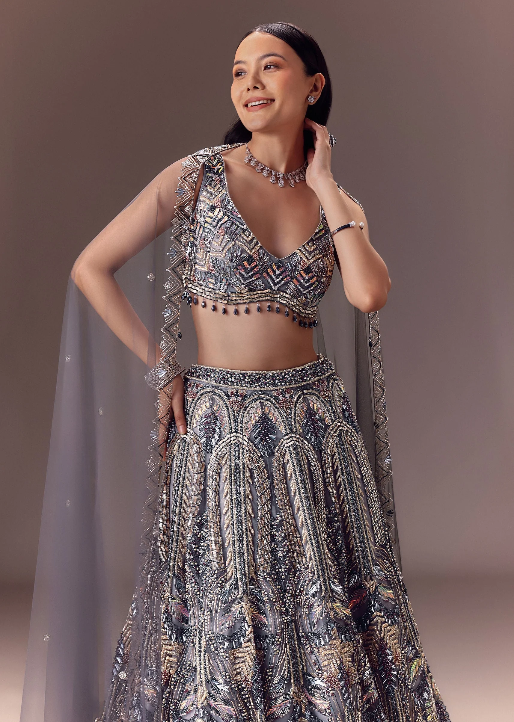 Grey Shimmer Net Lehenga Set With Cape Style Dupatta - Image 2