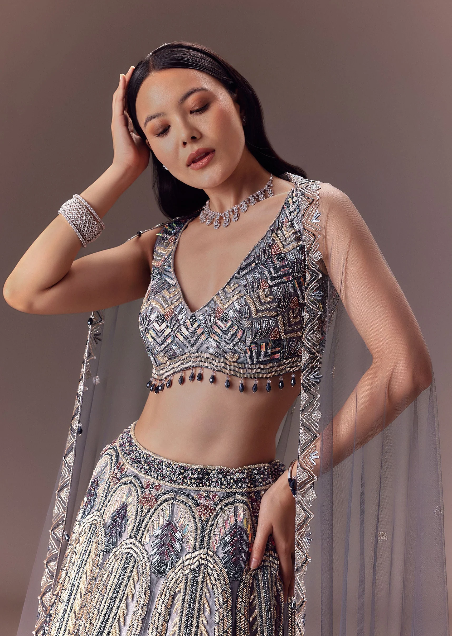 Grey Shimmer Net Lehenga Set With Cape Style Dupatta - Image 4