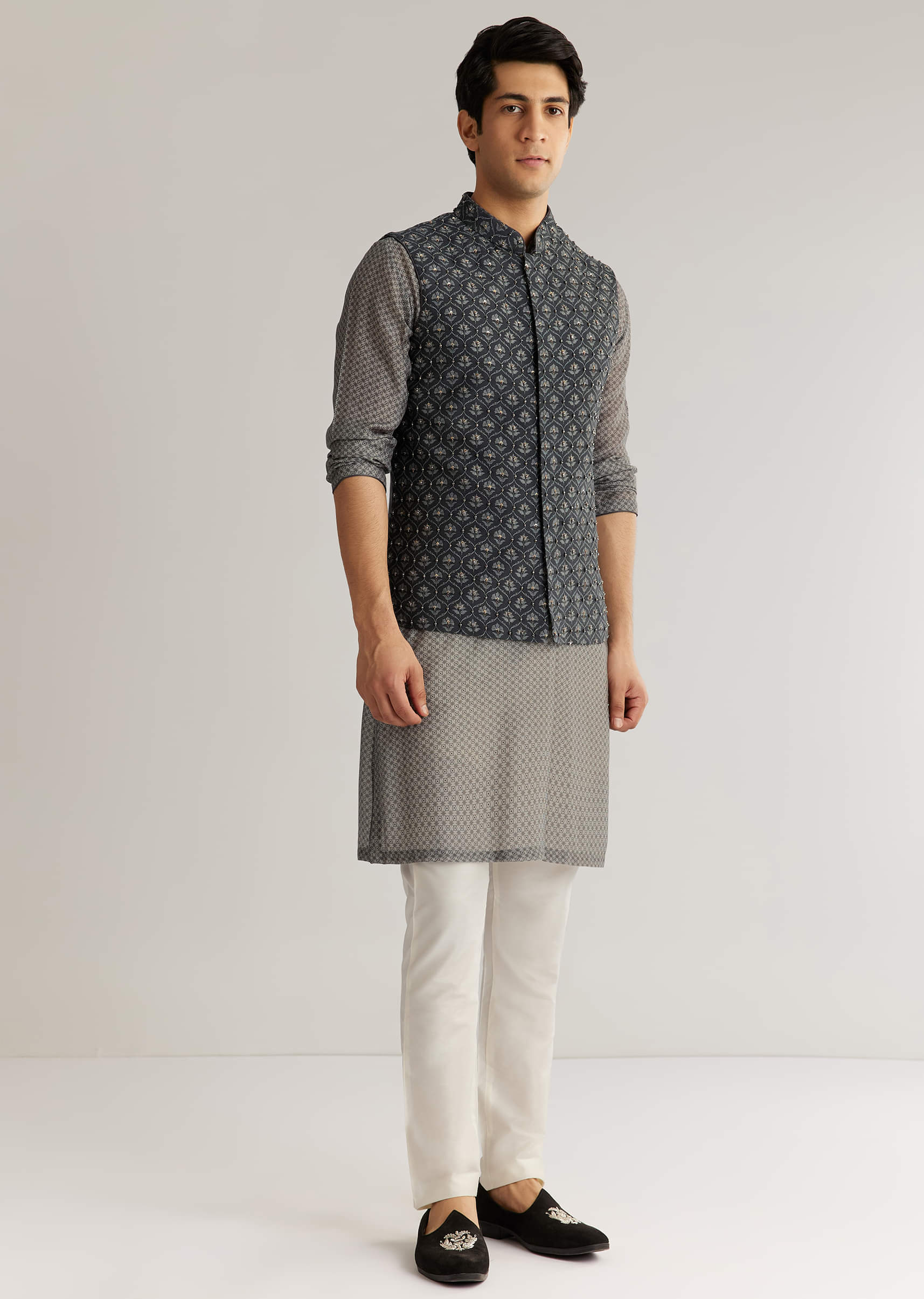 Grey Silk Cutdana Sequins Kurta Jacket Set - Image 2