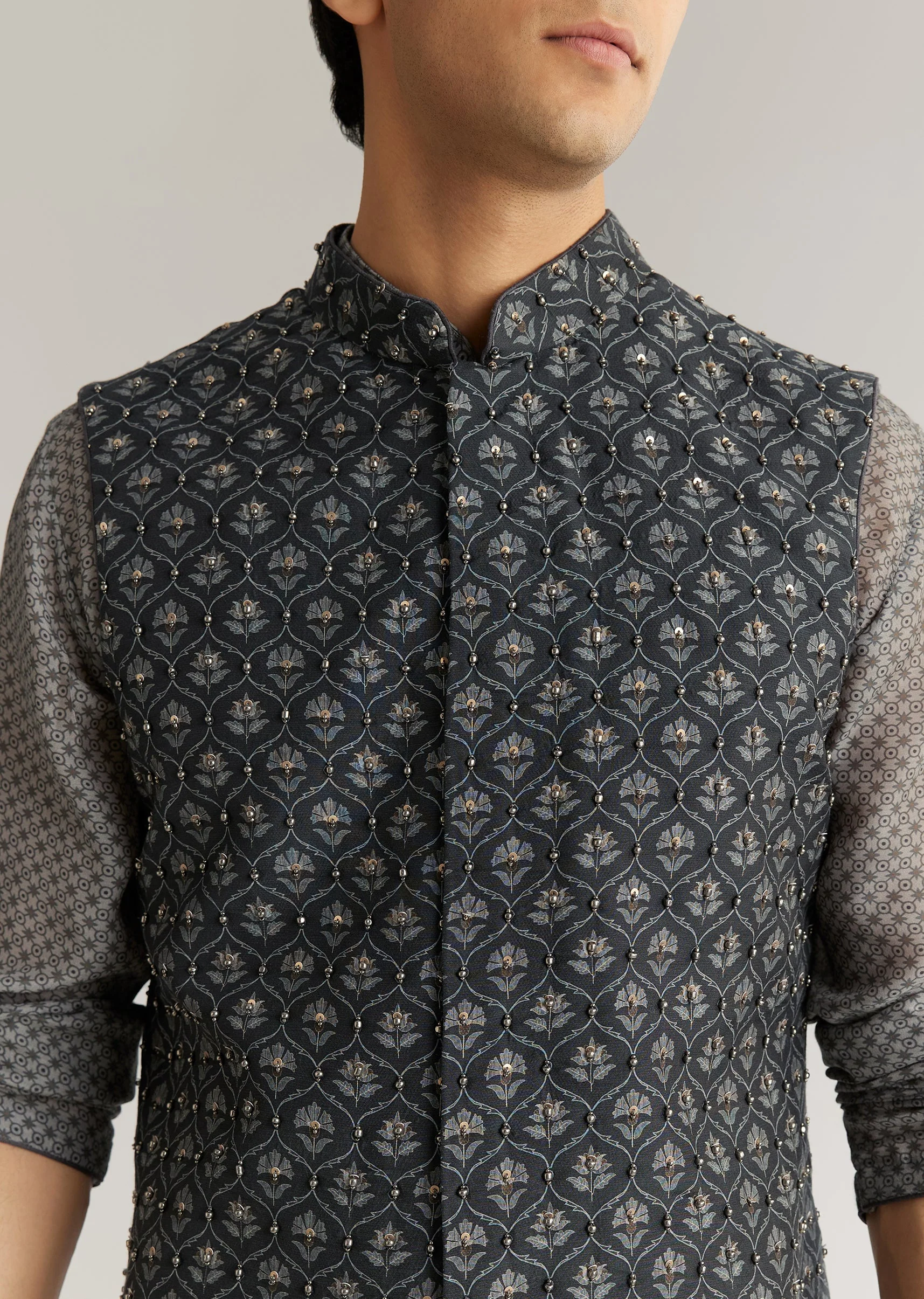 Grey Silk Cutdana Sequins Kurta Jacket Set - Image 3