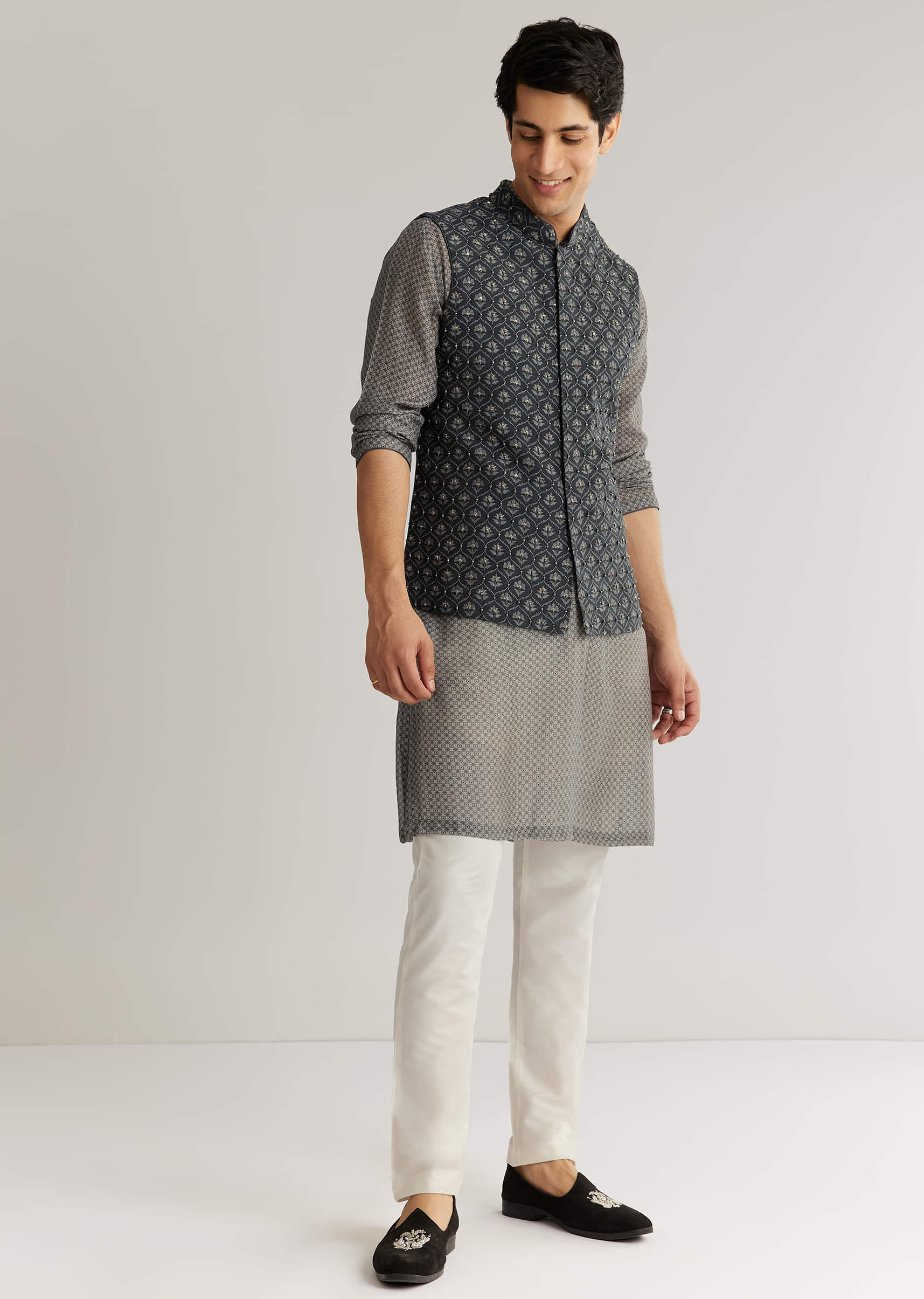 Grey Silk Cutdana Sequins Kurta Jacket Set - Image 4