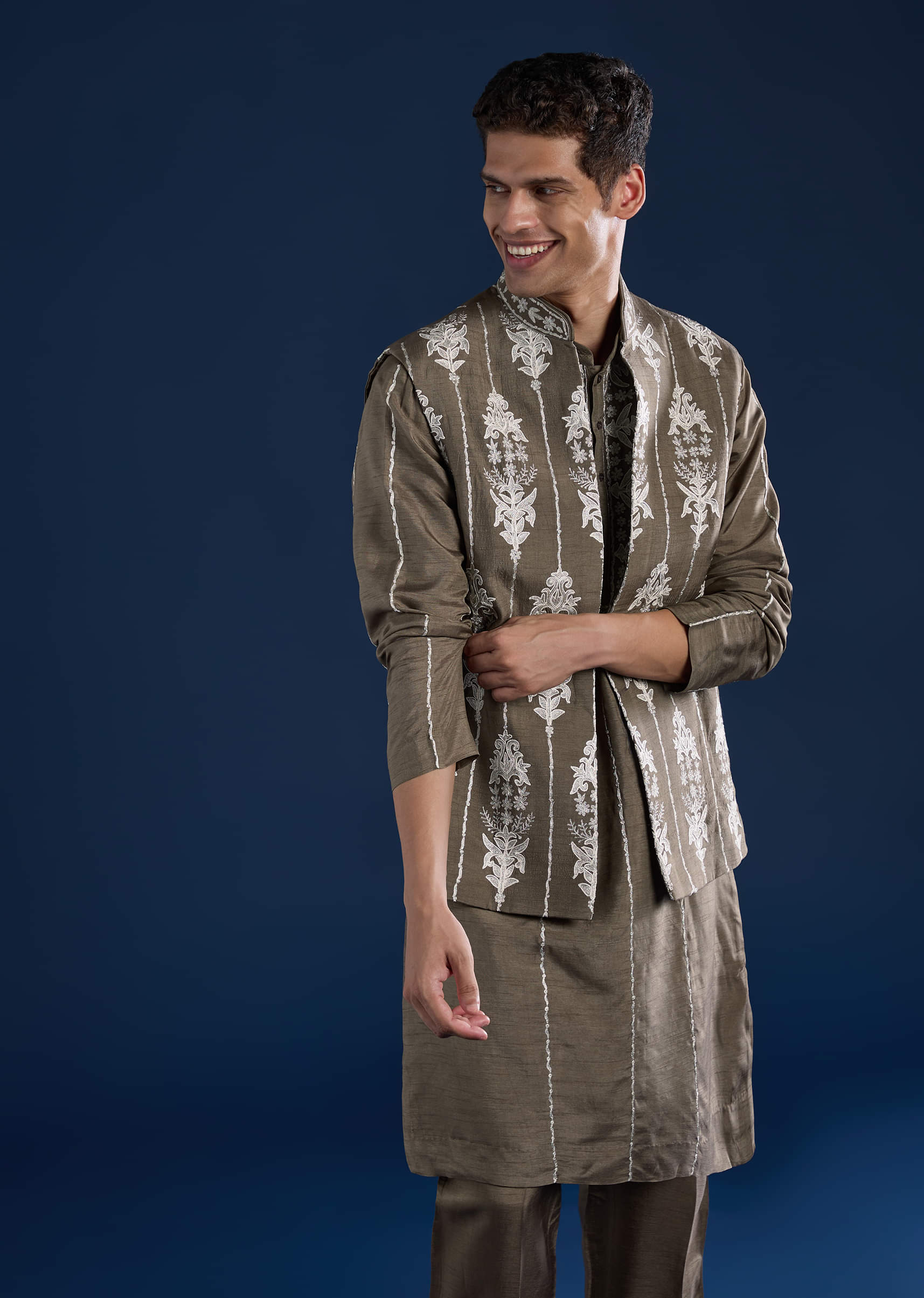Grey Silk Jacket Kurta Set with Zari Work - Image 4