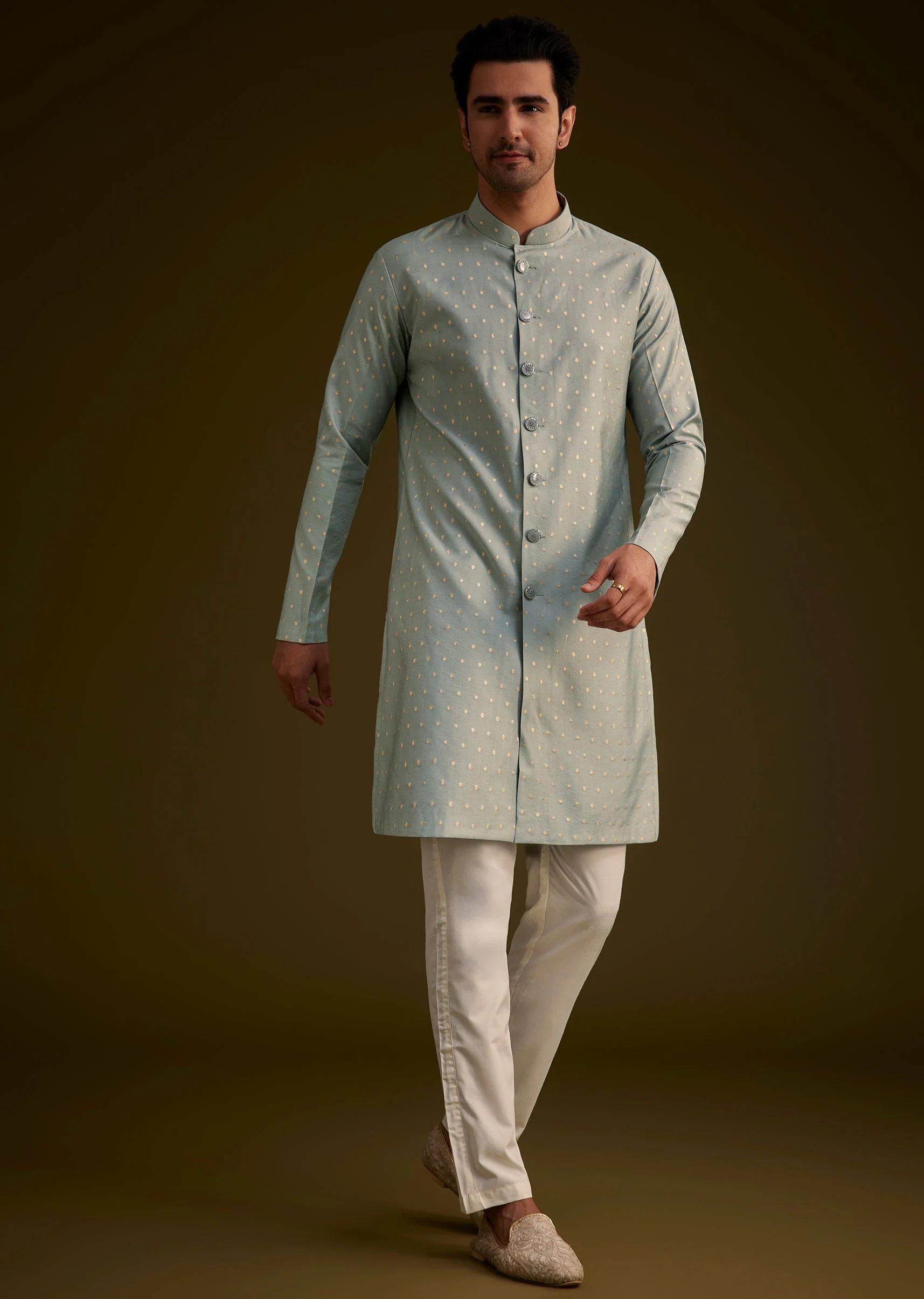 Grey Silk Jodhpuri Suit Featuring Foil Print - Image 11