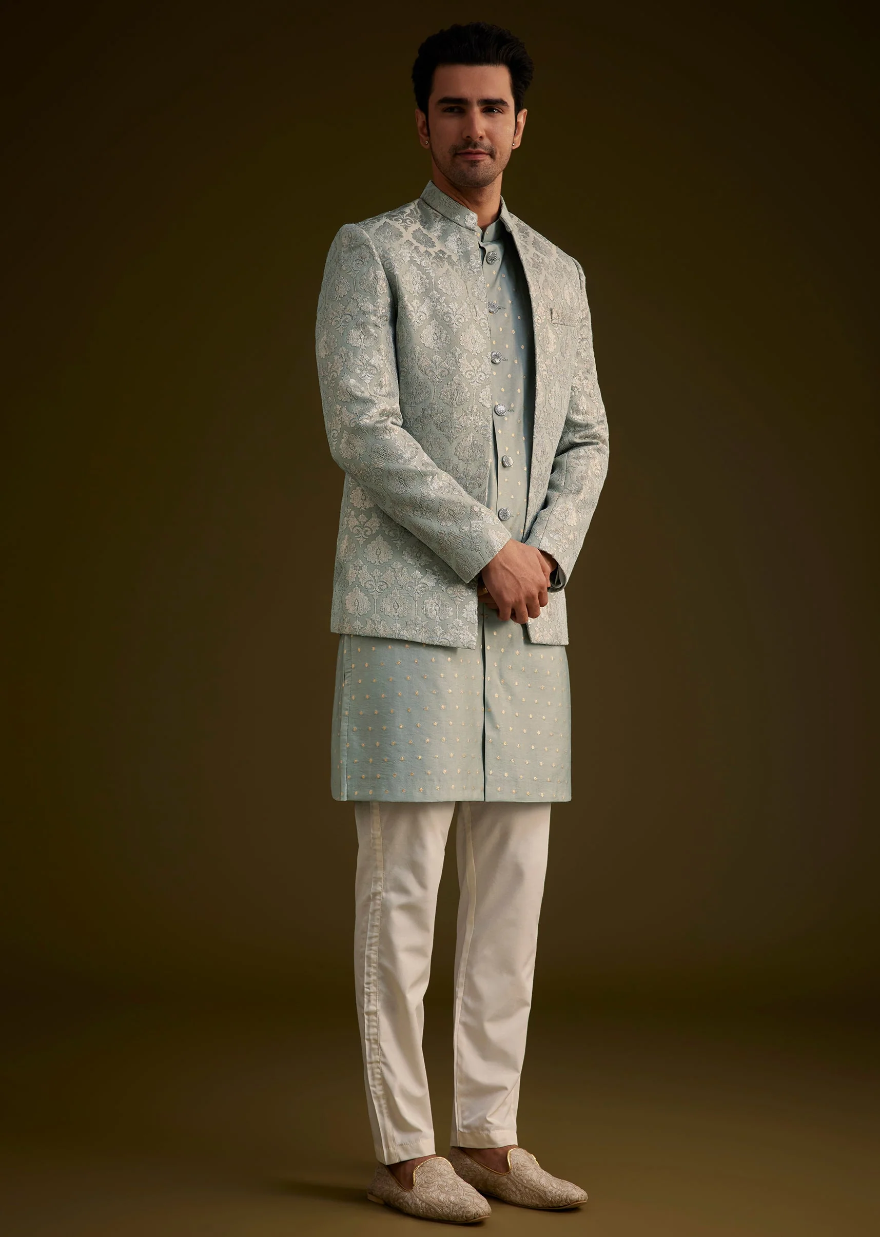 Grey Silk Jodhpuri Suit Featuring Foil Print - Image 4