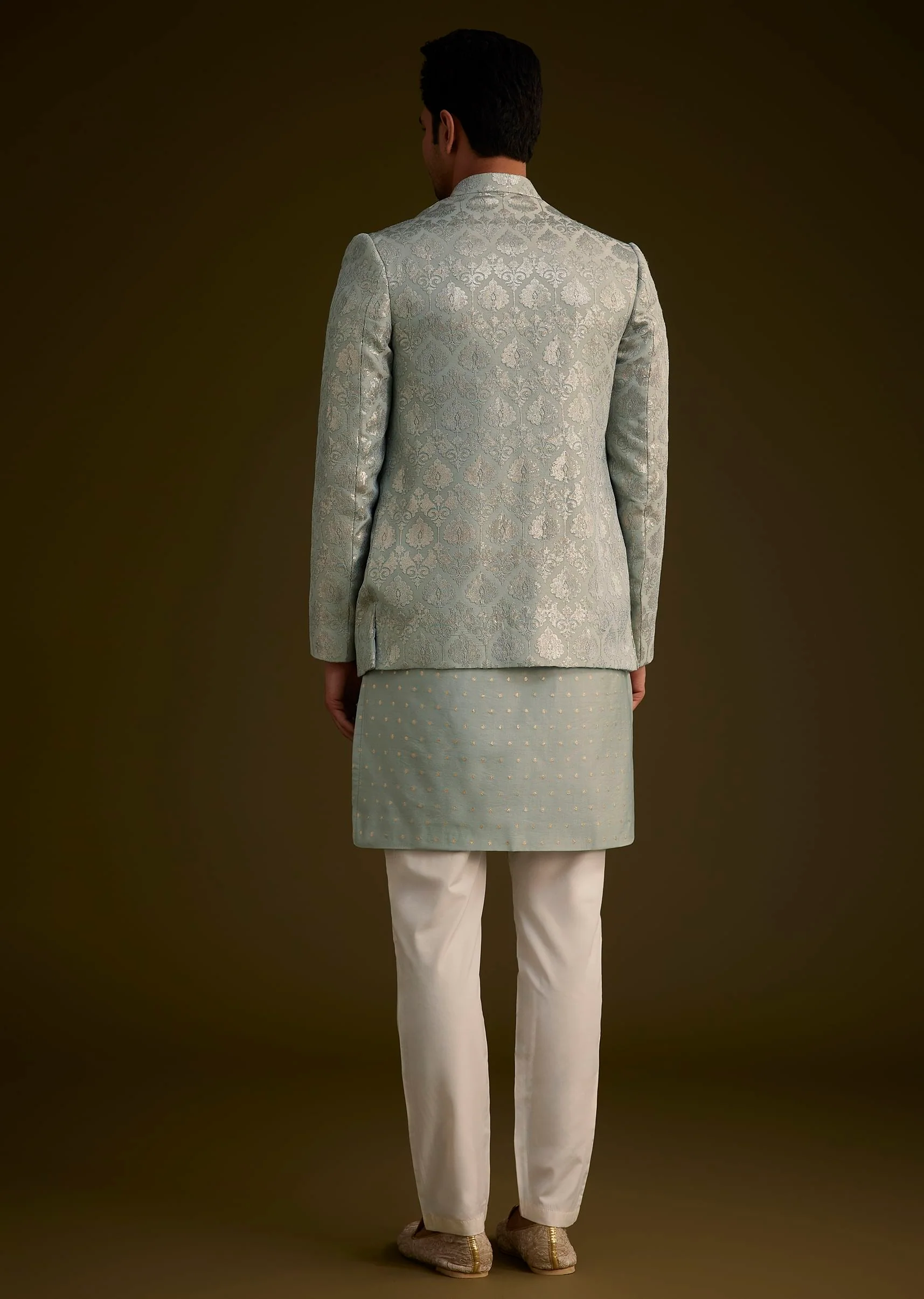 Grey Silk Jodhpuri Suit Featuring Foil Print - Image 5